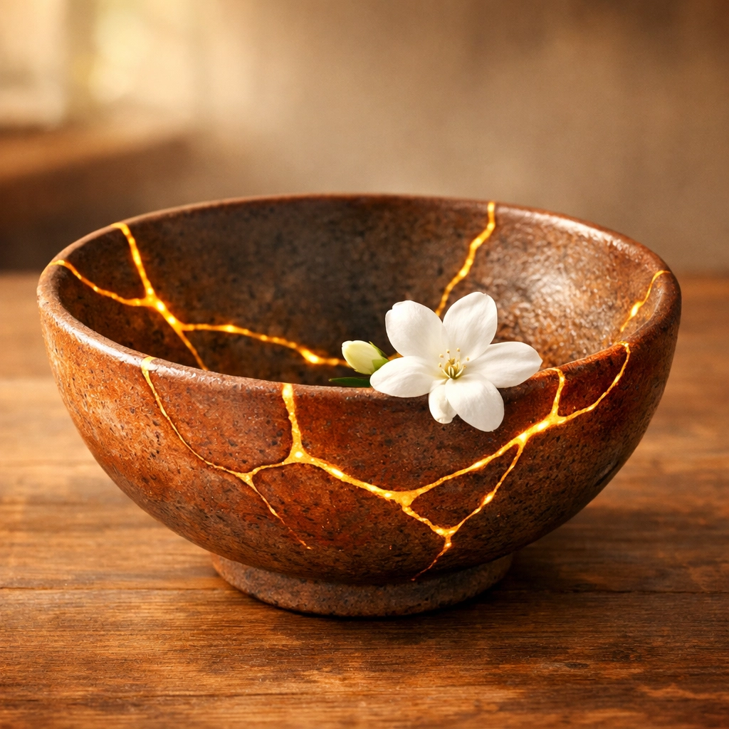 Kintsugi bowl with gold repairs and a flower, representing spiritual healing of core wounds.