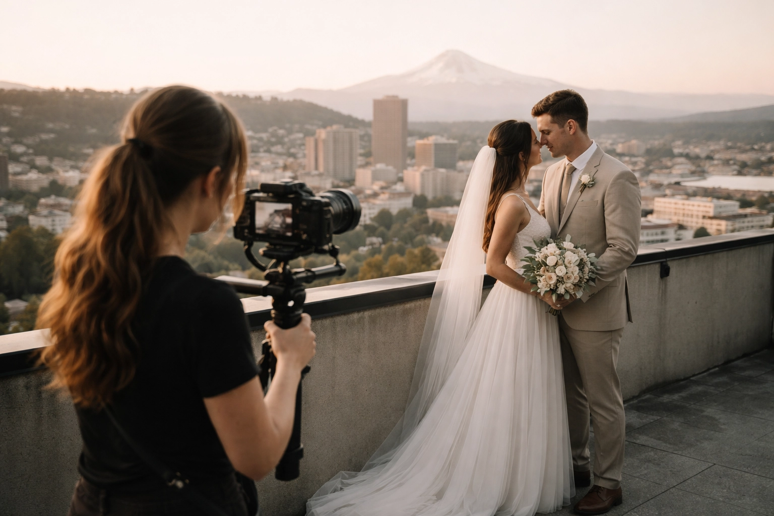 Woman cinematic wedding videographer filming an opposite-sex couple on a Portland rooftop with cityscape and Mt. Hood views