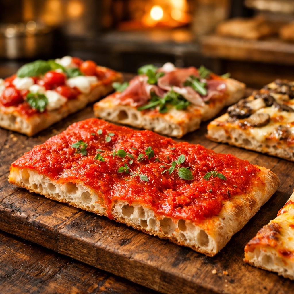Fresh slices of Roman pizza al taglio, a top choice for budget travel food in Rome.