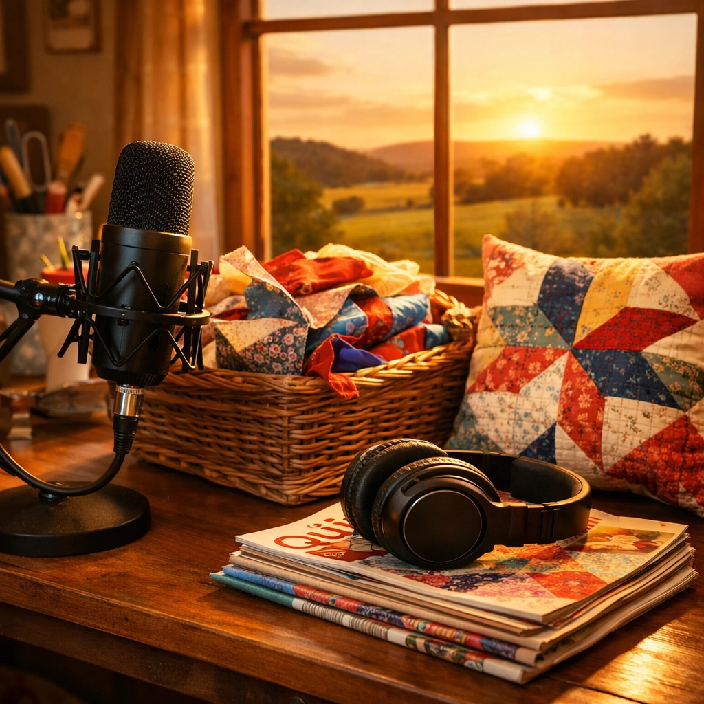 Countryside Experience Podcast setup in a Missouri studio with quilting supplies and a finished quilted pillow.