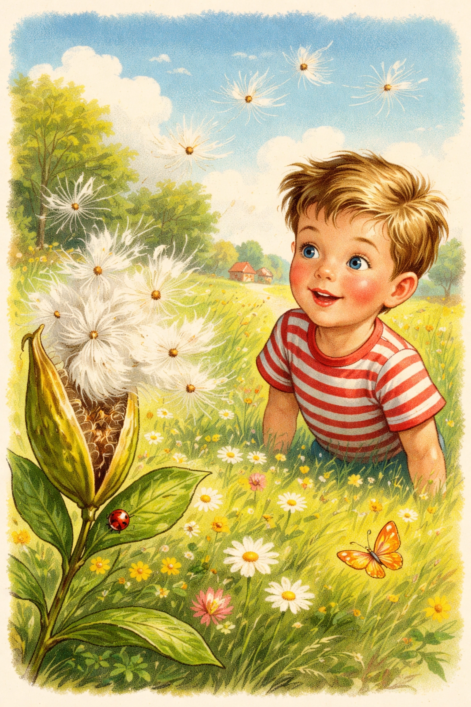A child watches milkweed seeds drift across a meadow, showing how milkweed helps Monarch butterflies thrive.