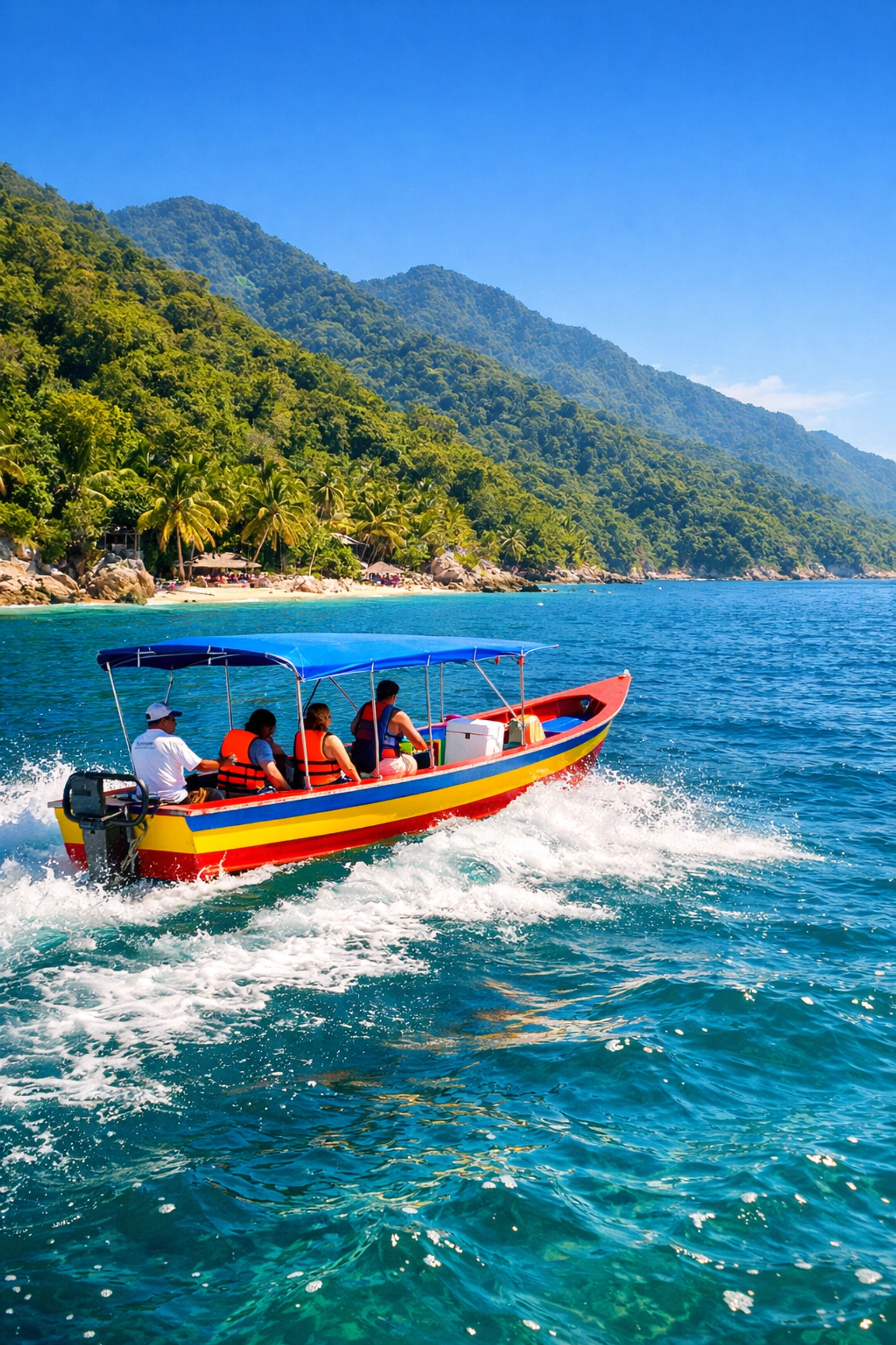 Colorful panga boat on Banderas Bay with lush jungle mountains in Puerto Vallarta
