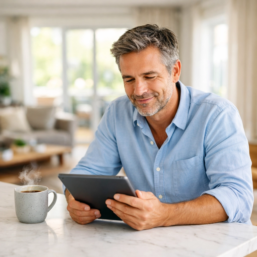 Relaxed Yate landlord reviewing energy upgrade costs in a modern rental property kitchen.