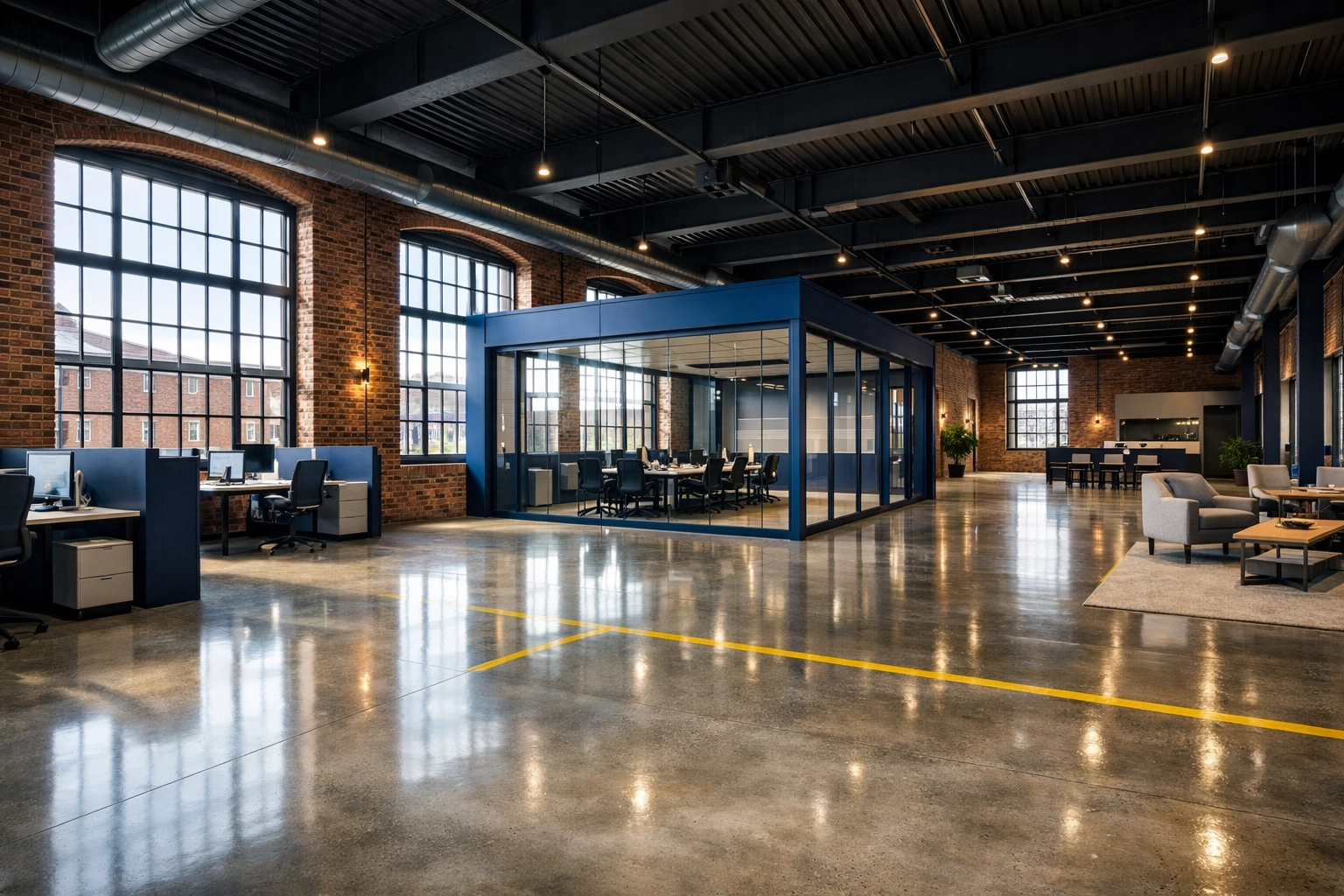 Clean industrial mill interior in Lawrence, MA featuring polished concrete floors and historic brick walls.