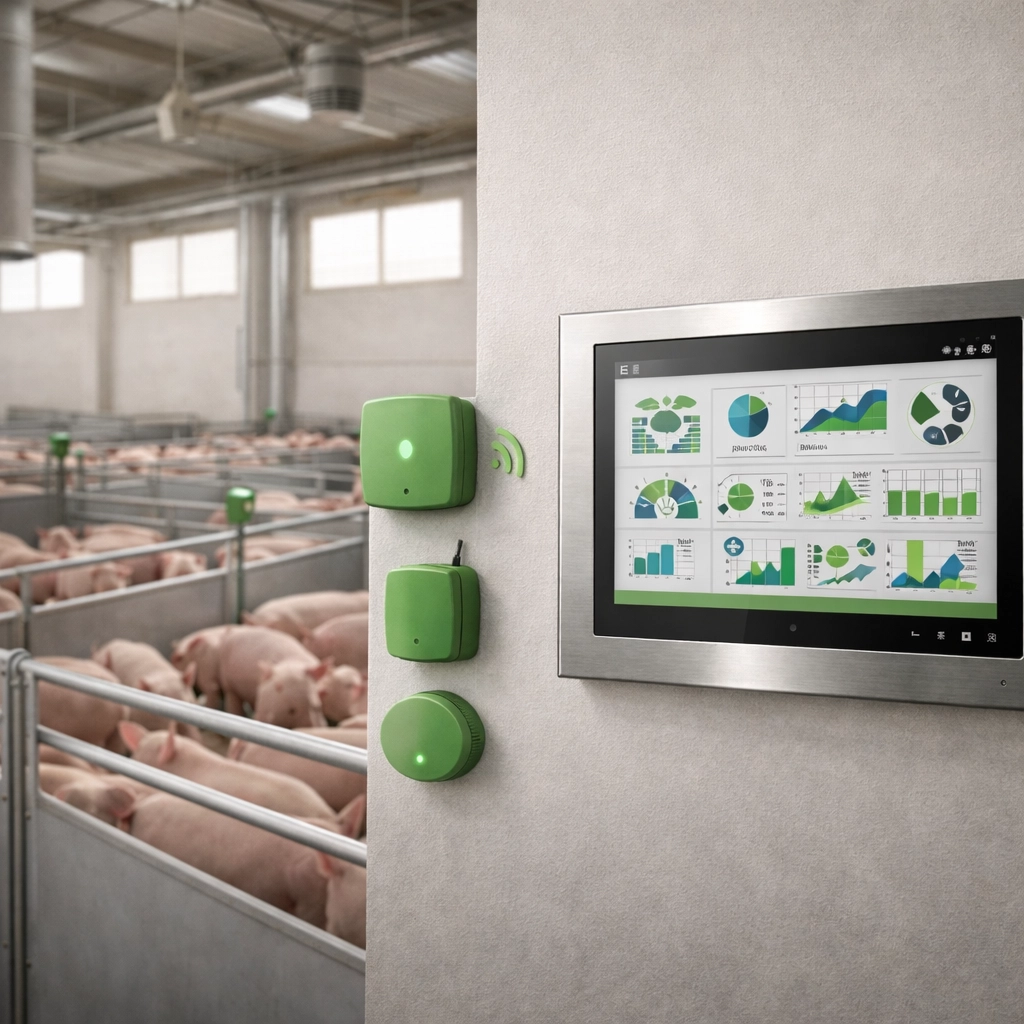 Système de traçabilité numérique automatisé avec capteurs et panneau de contrôle en porcherie intérieure