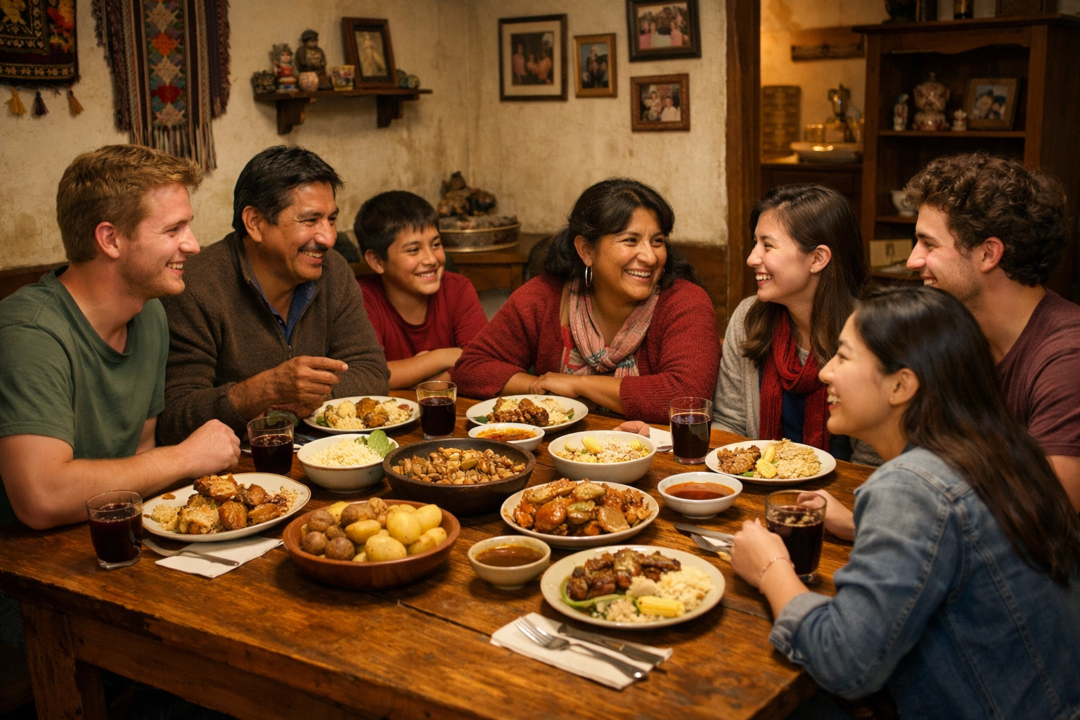 Students sharing meal with Peruvian host family during educational travel cultural immersion program
