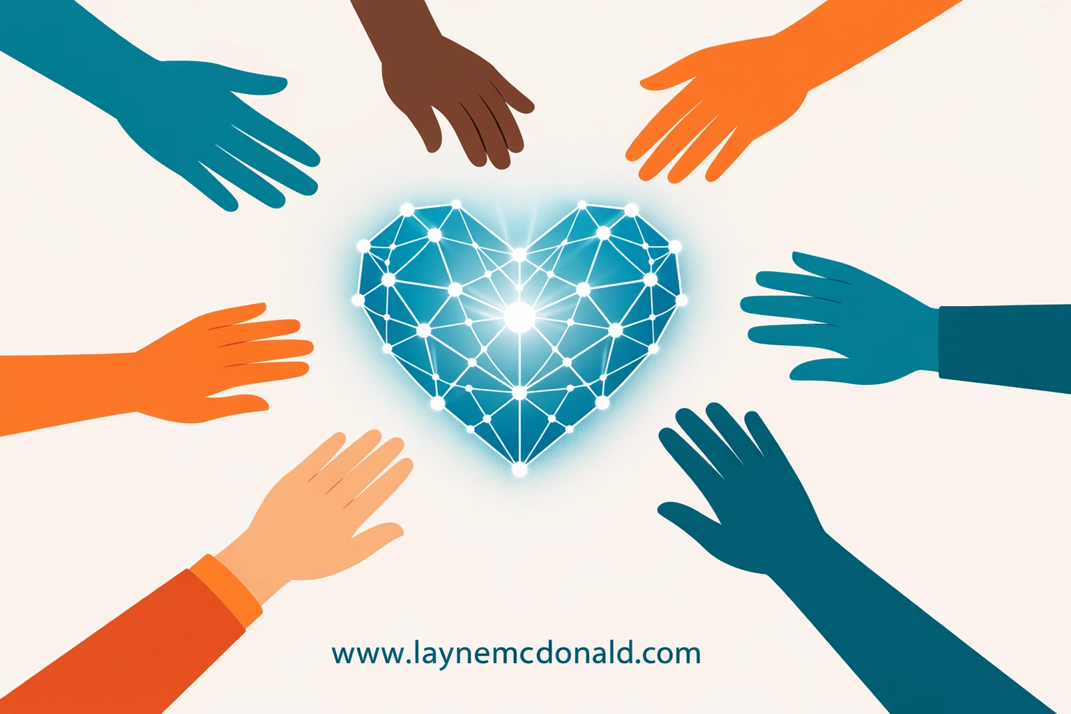 Diverse hands reaching toward a digital heart to show Christian community engagement and social connection.