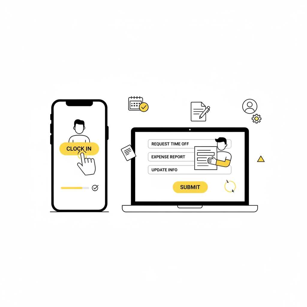Phone and laptop illustrations show a hand clicking "Clock In" on phone and "Submit" on laptop. Icons and yellow accents on white background.