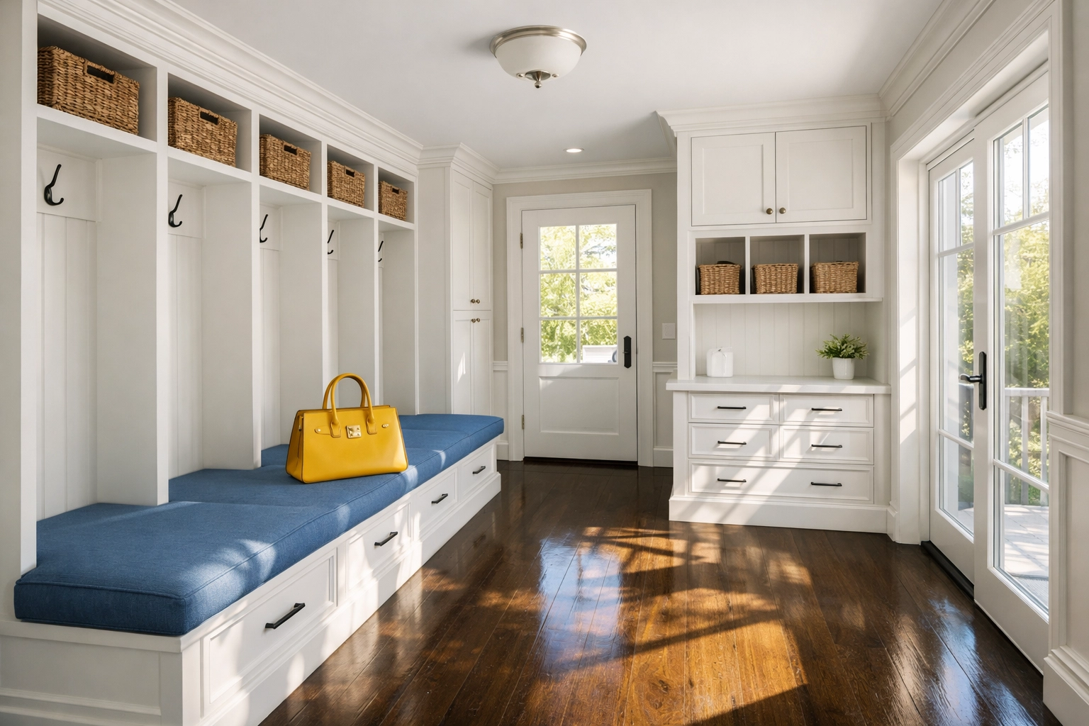 Organized mudroom with clean dark wood floors in a Massachusetts estate serviced by MetroWest cleaning experts.