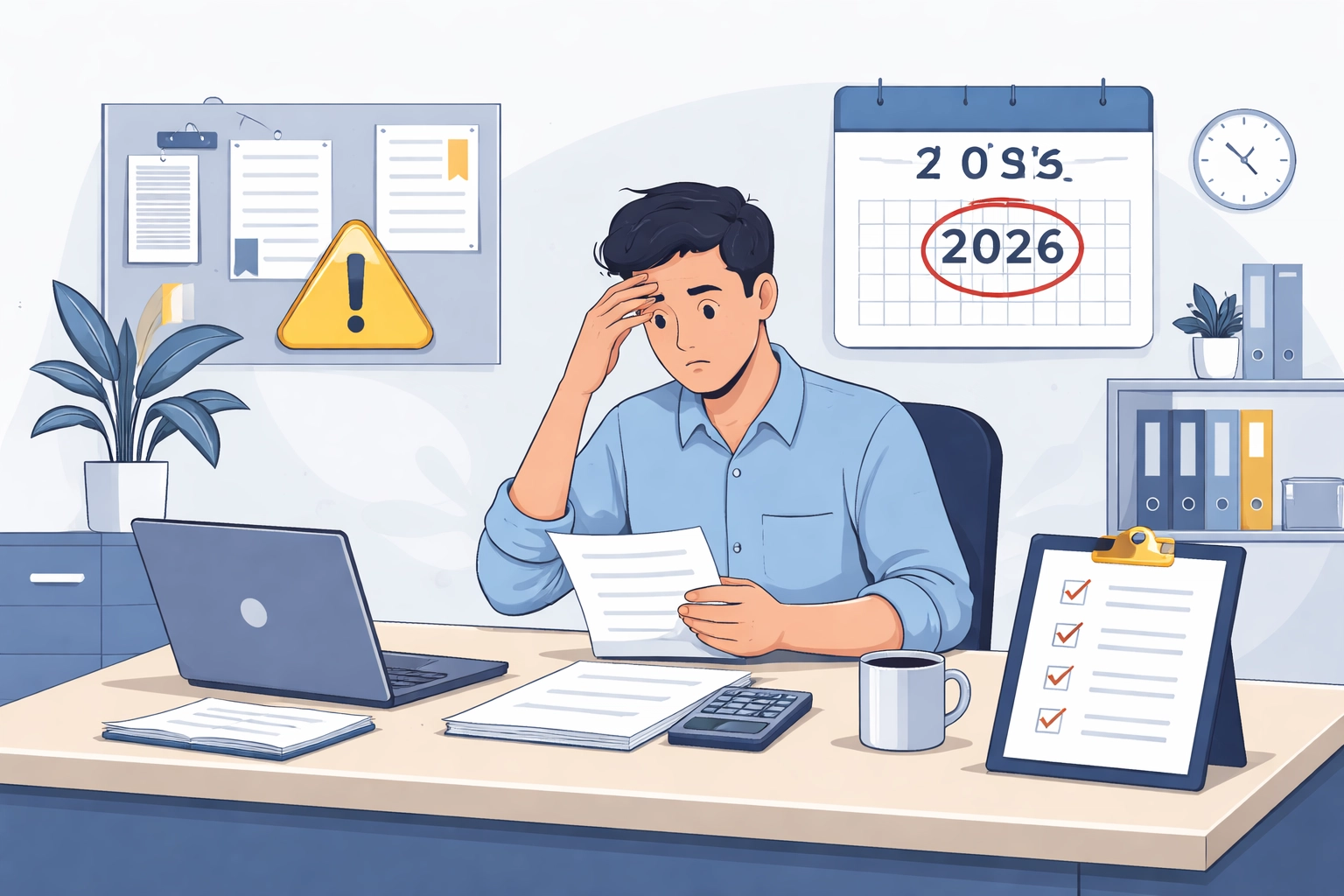 A small business owner examines 2026 compliance documents with a warning sign and calendar, highlighting penalties.