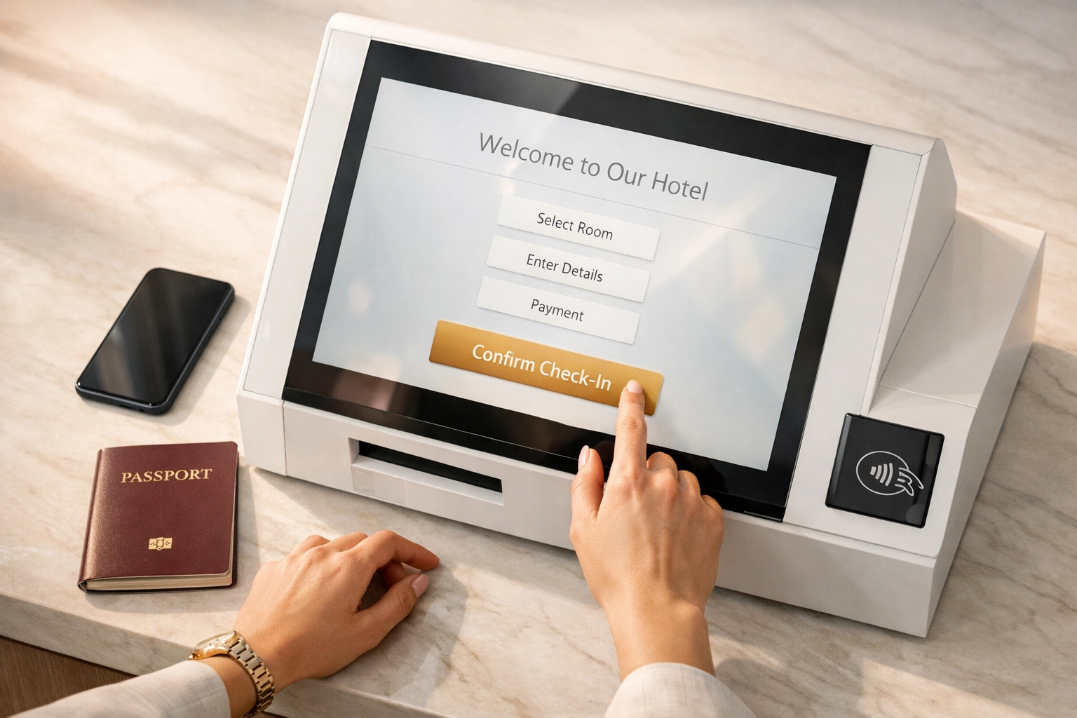 Guest using hotel self-service kiosk touchscreen for quick check-in with passport