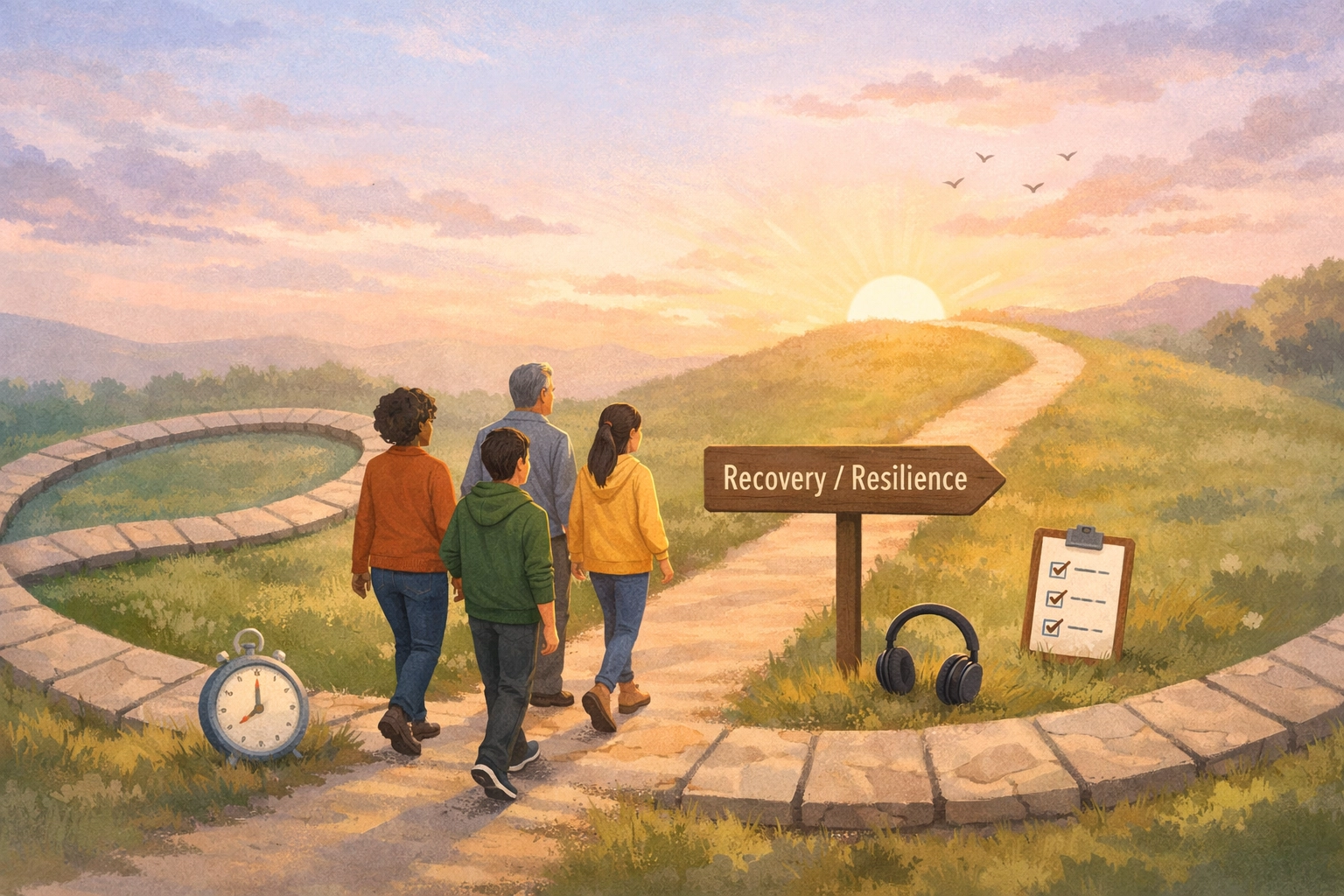 Hopeful scene of a diverse teen and adult stepping off a looping path onto a gentler “Recovery / Resilience” path, symbolizing breaking the burnout loop.