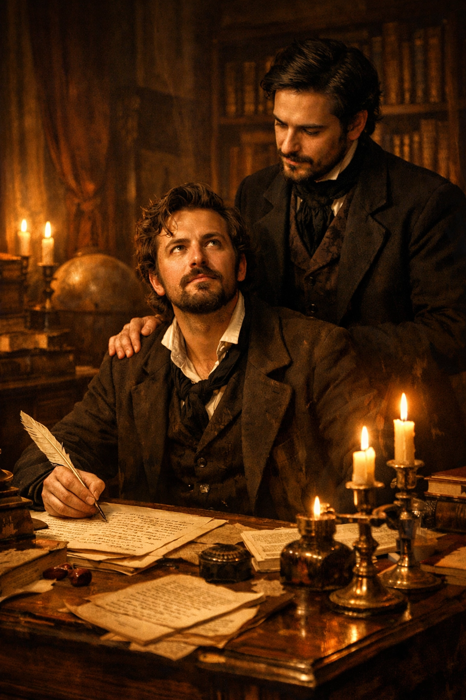 Hungarian writer Károly Mária Kertbeny drafting a letter on gay identity in a 19th-century study.