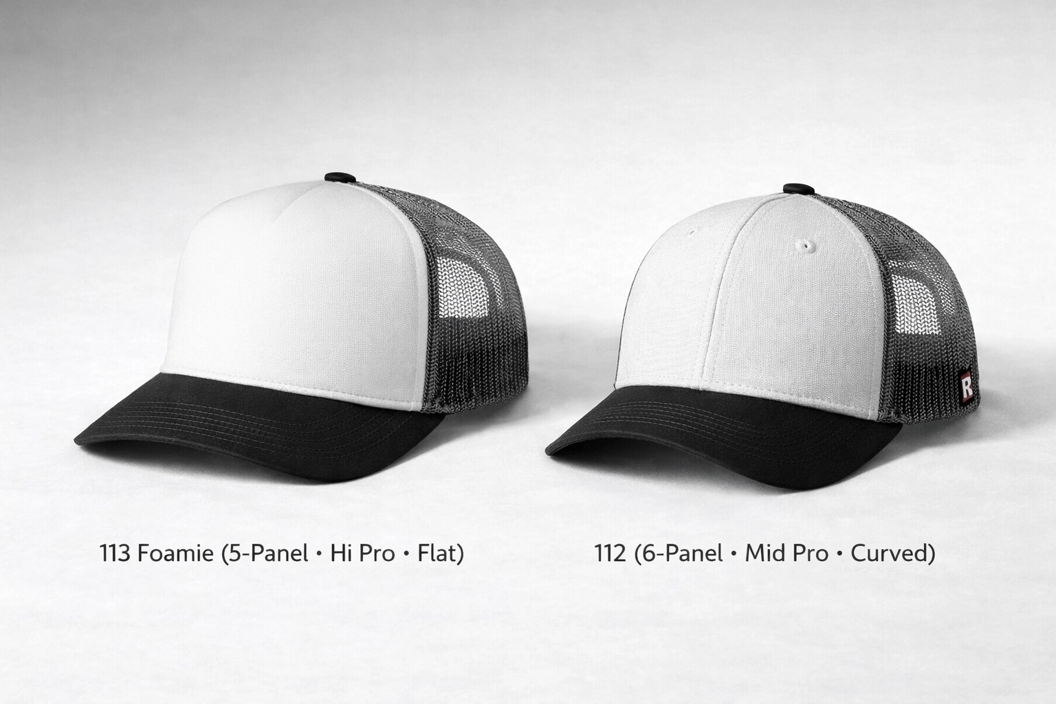 Richardson 113 vs 112 trucker cap comparison showing the 113 as a Foamie Trucker (5-panel, hi-pro, seamless foam front, flat bill) and the 112 as a 6-panel mid-profile fabric-front trucker with a curved bill