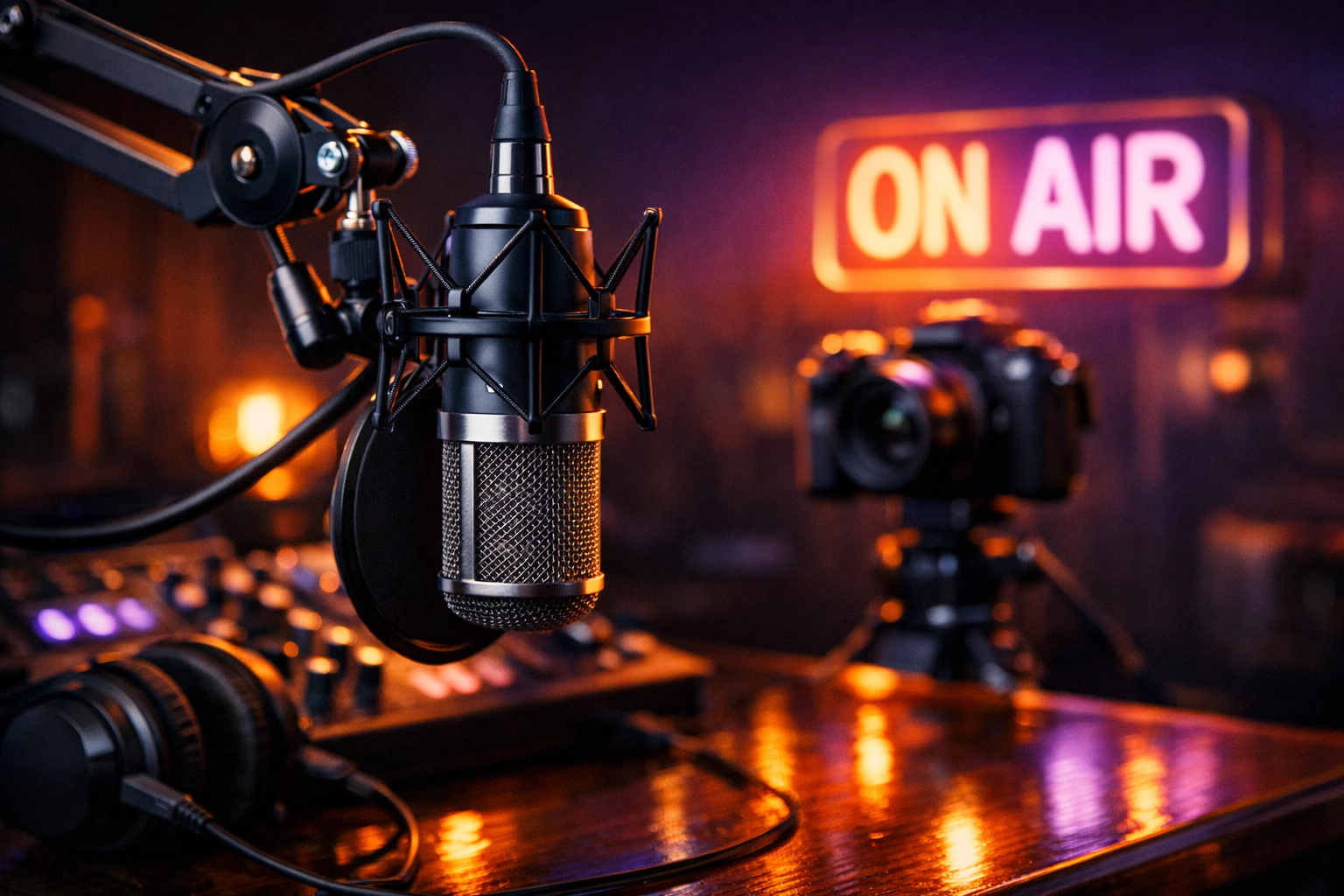 Professional video podcasting setup with a microphone and camera for a YouTube-integrated blog strategy.