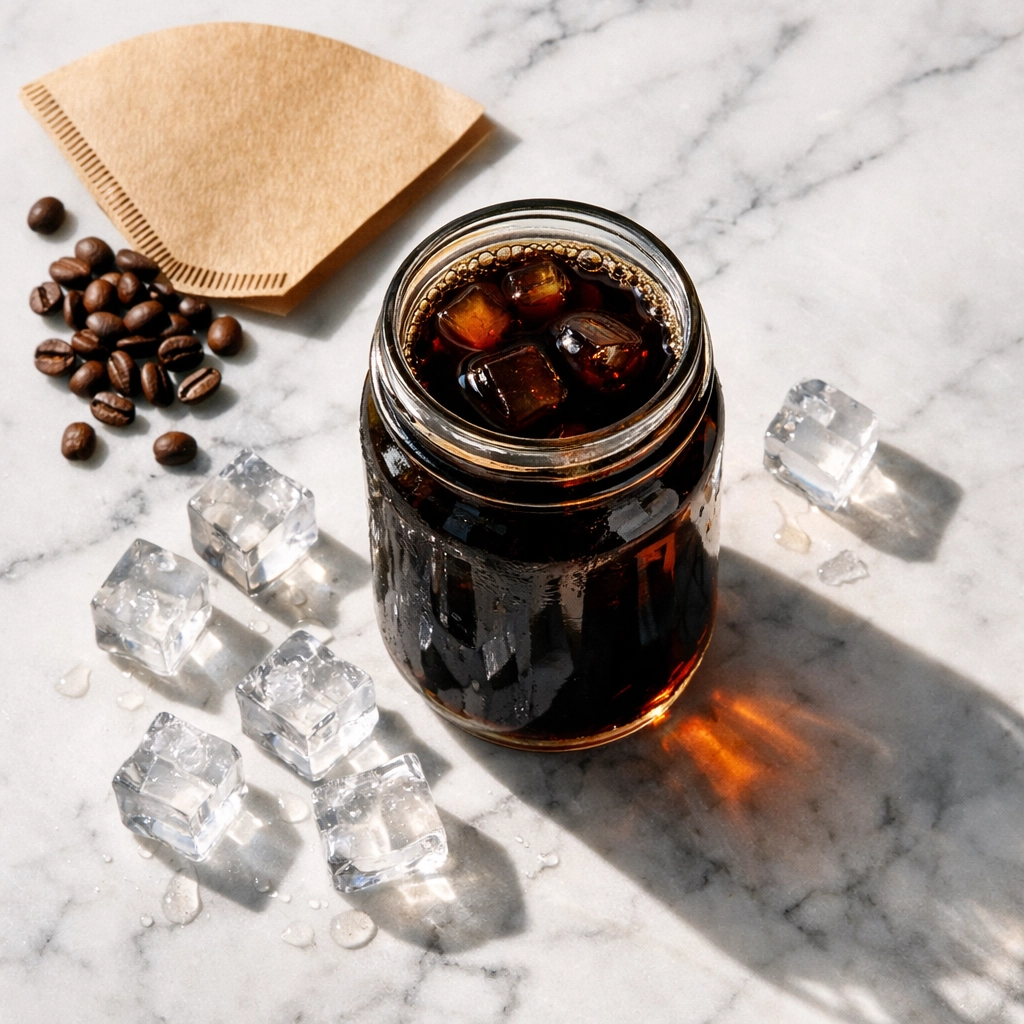 Mason jar filled with homemade cold brew concentrate and ice cubes on marble surface