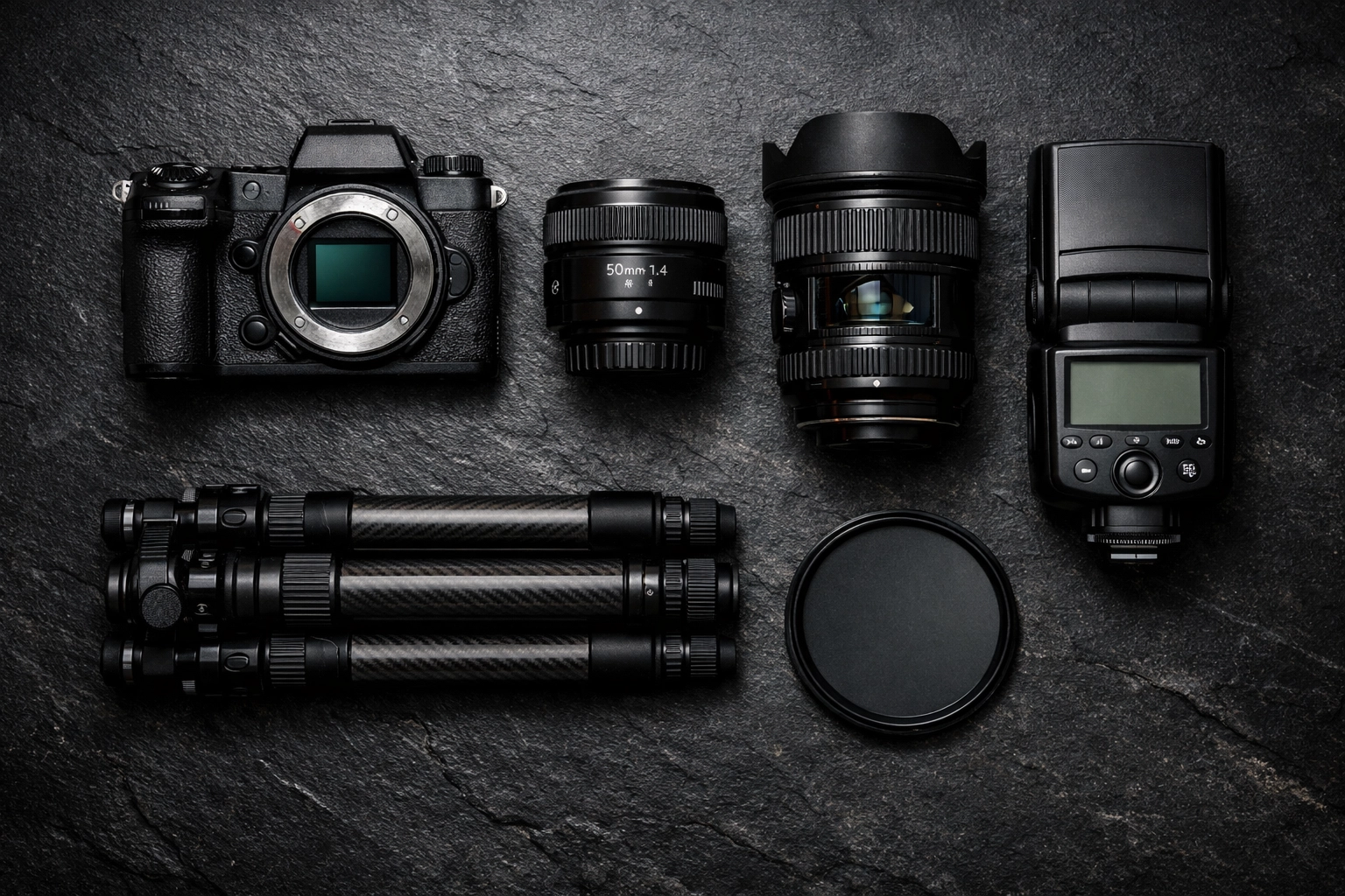 A professional collection of photography gear including lenses and a tripod for beginner tutorials.