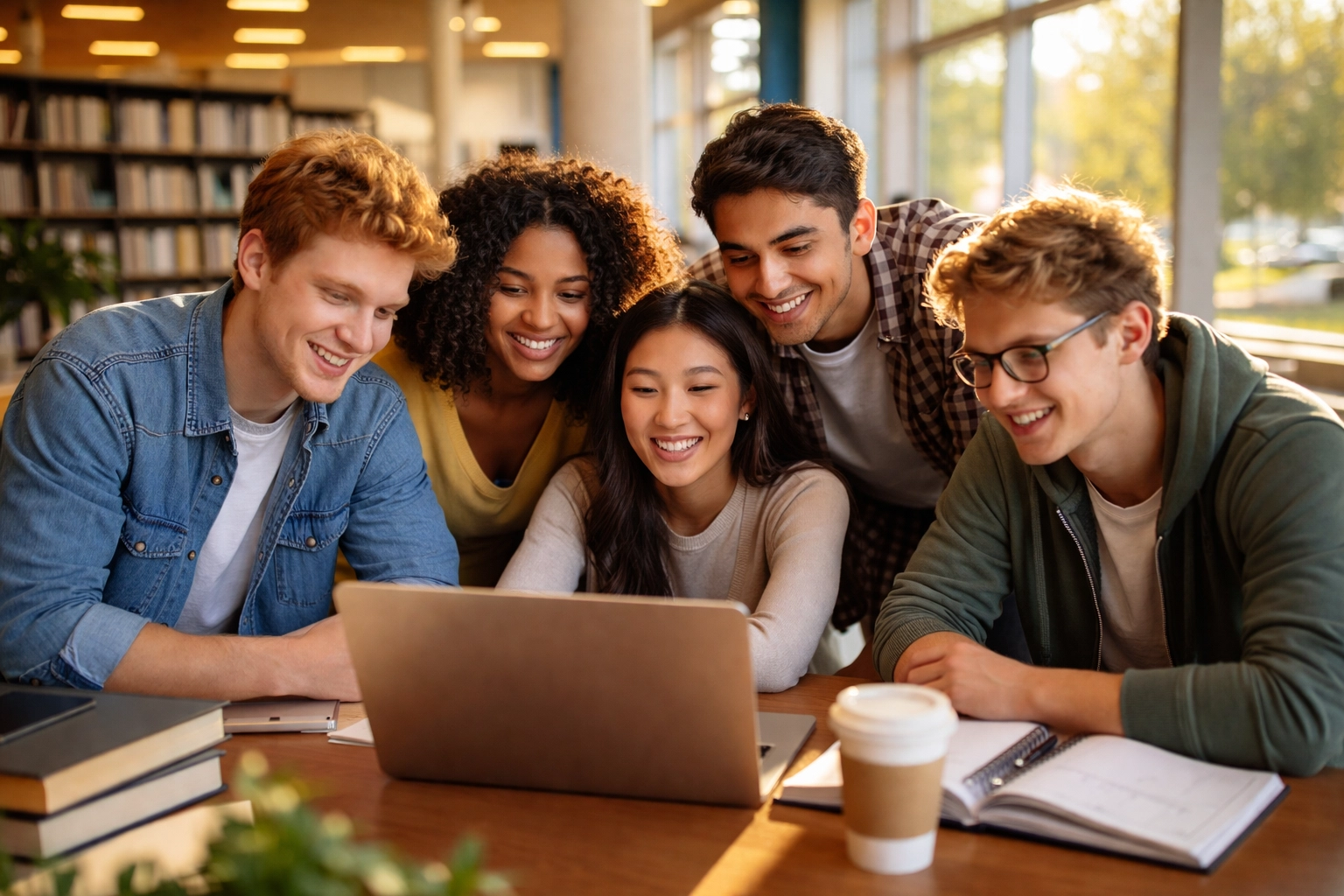 Des étudiants d'université recherchent des formations en ligne dans une bibliothèque moderne, illustrant l'importance du SEO académique.