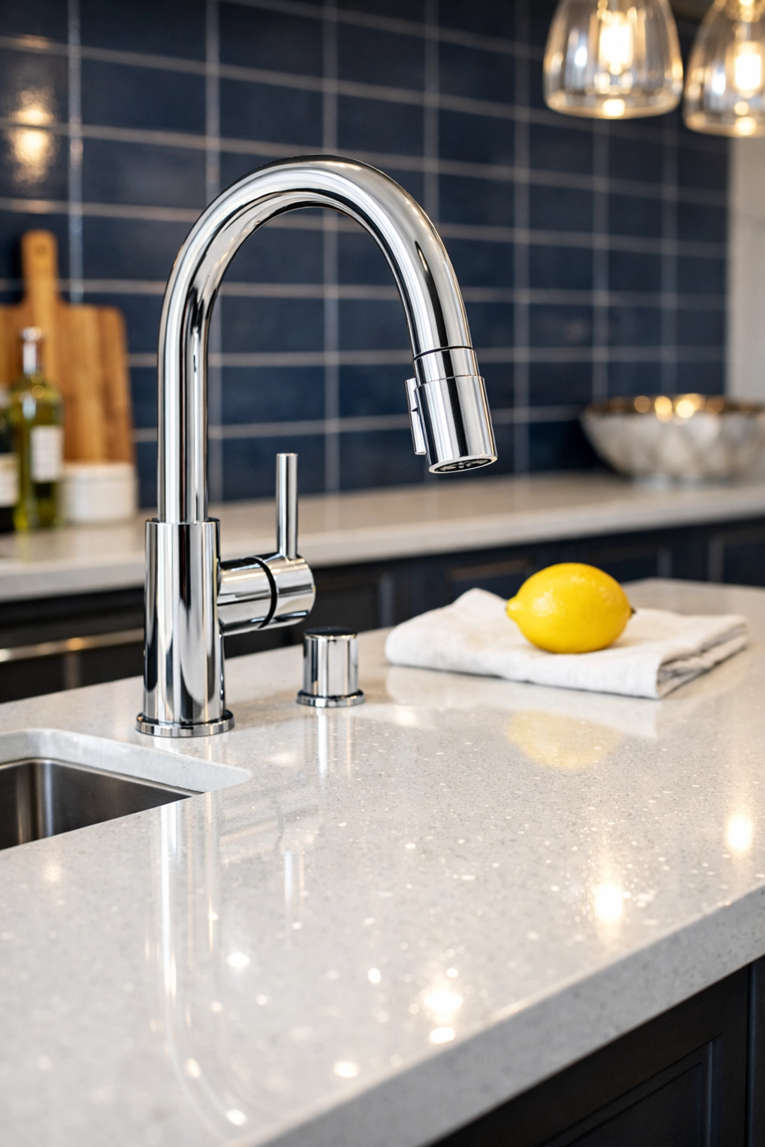 Close-up of a sparkling clean gourmet kitchen island featuring streak-free surfaces by professional cleaners.