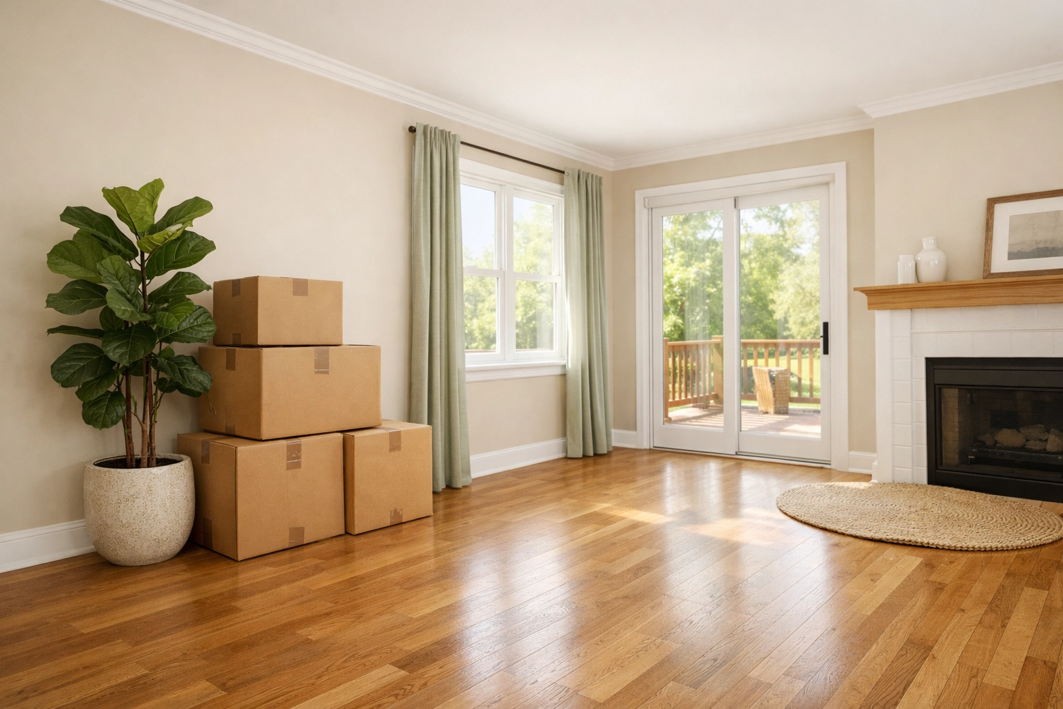 Moving boxes in a bright North Carolina living room showing a calm and strategic real estate transition.