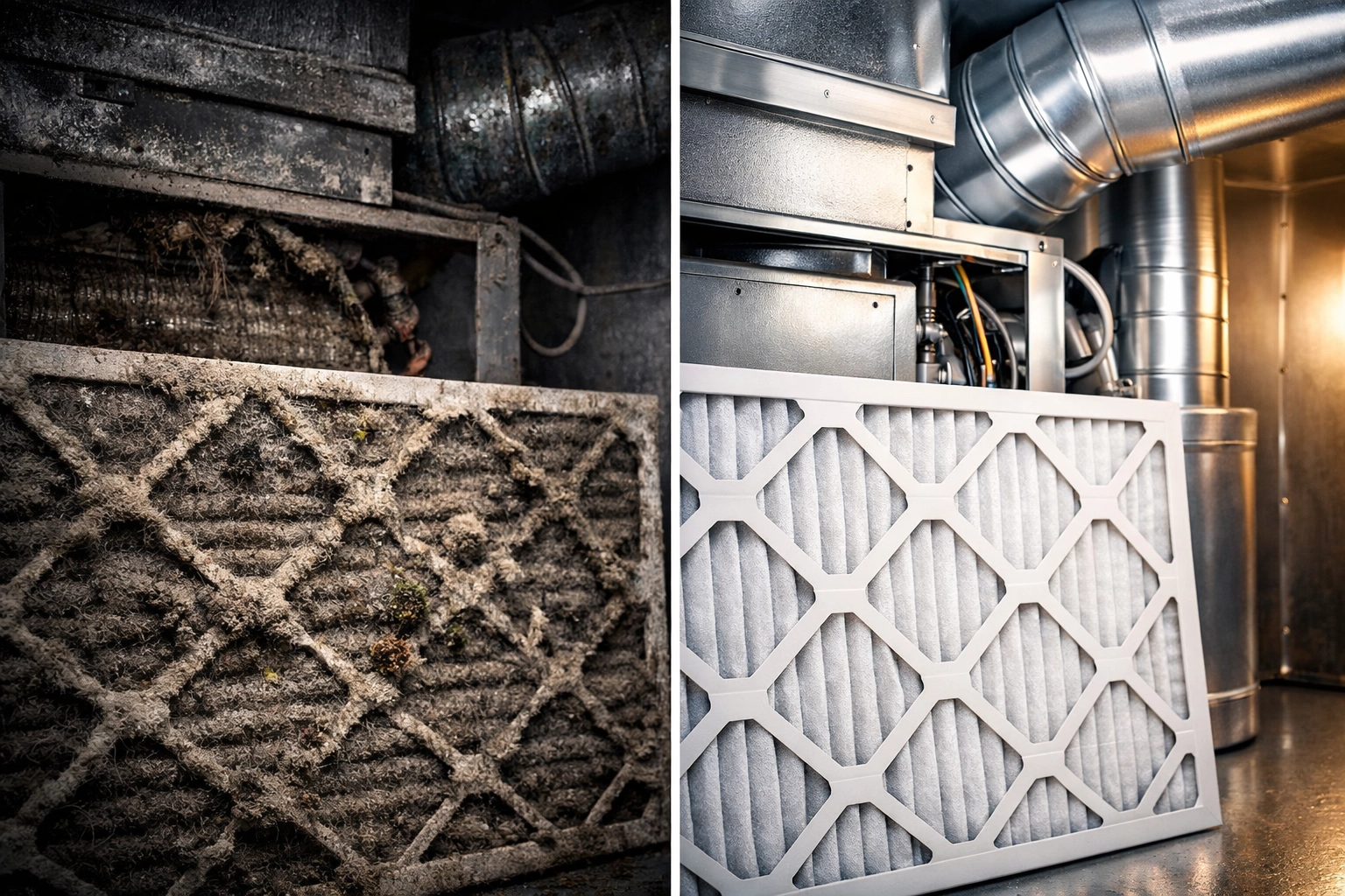 Comparison of dirty vs clean HVAC filters showing proper mold prevention maintenance