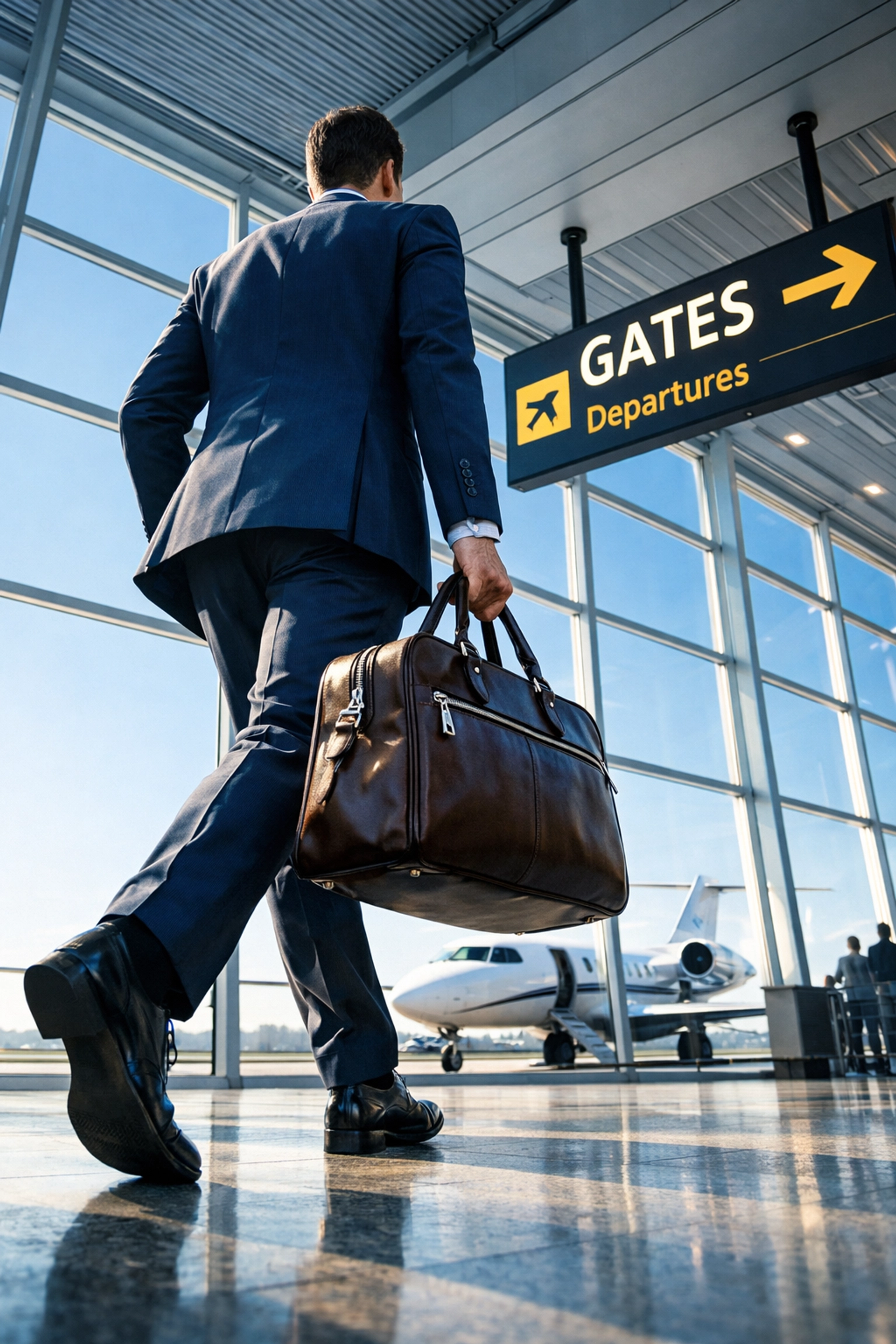 A business professional at an airport terminal representing early Super Bowl flight planning and logistics.