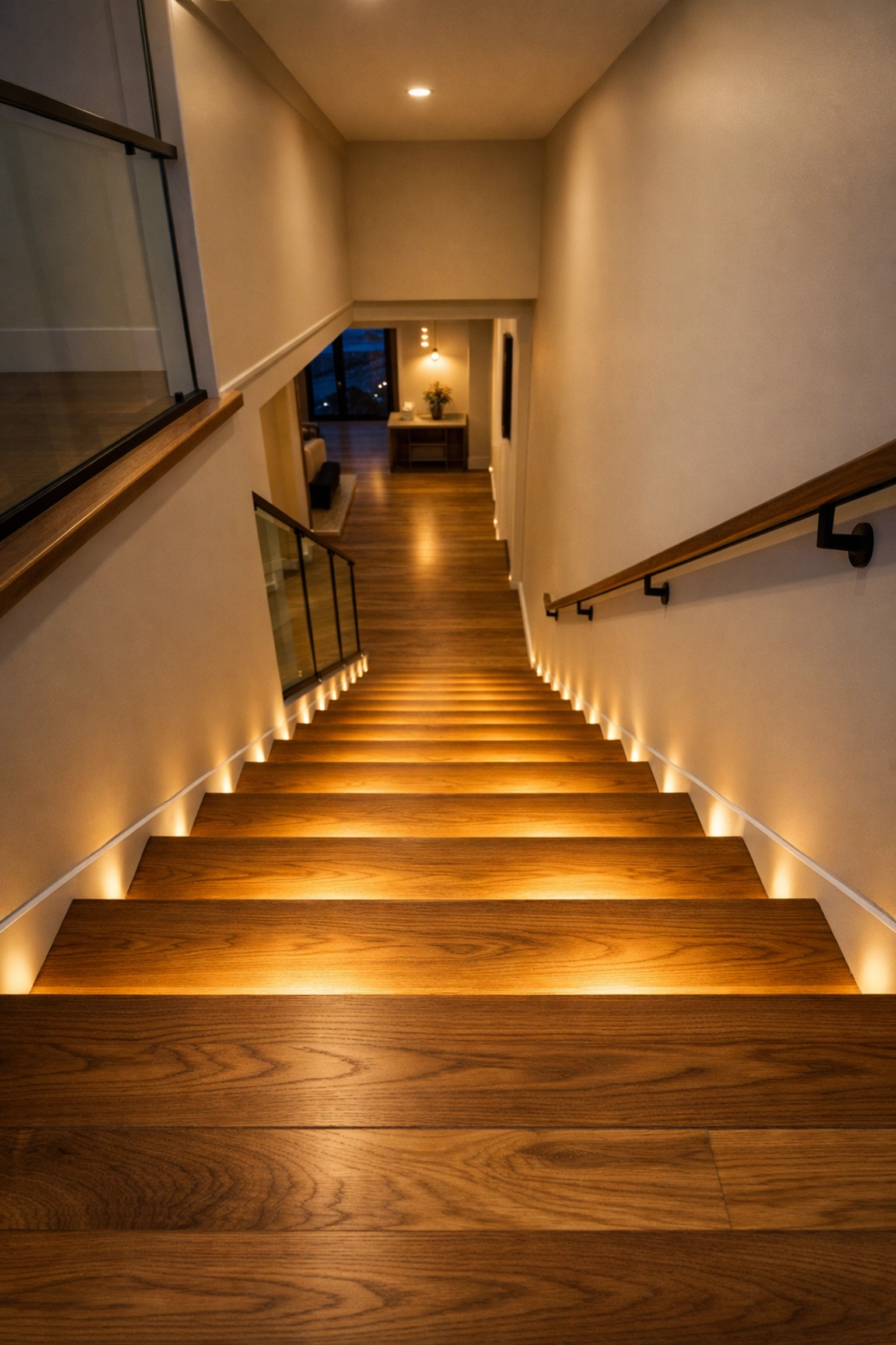 LED strip lighting under wooden stair treads eliminates shadows for better visibility and fall prevention.