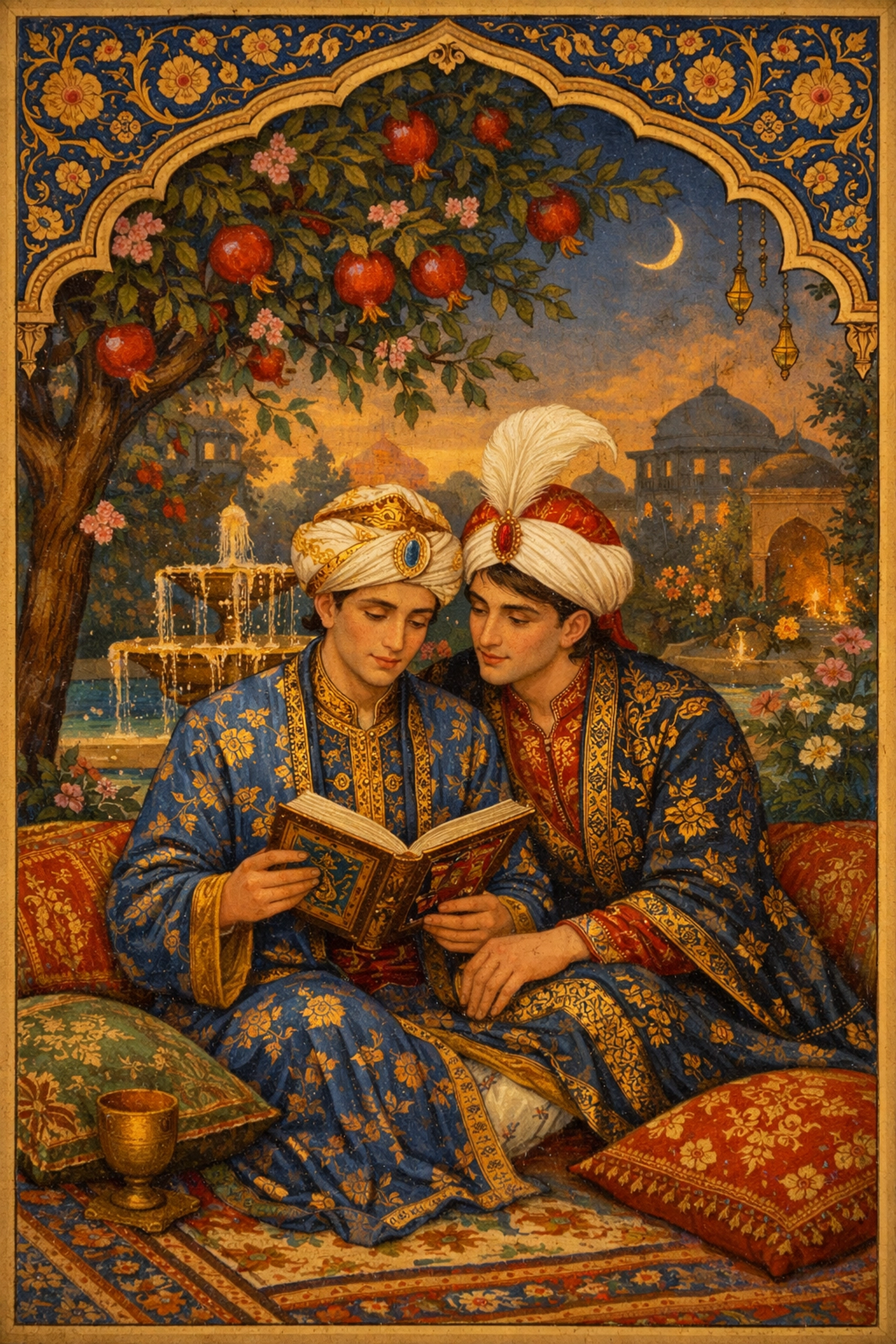 Two young men in Ottoman court attire share an intimate moment in palace garden with manuscript