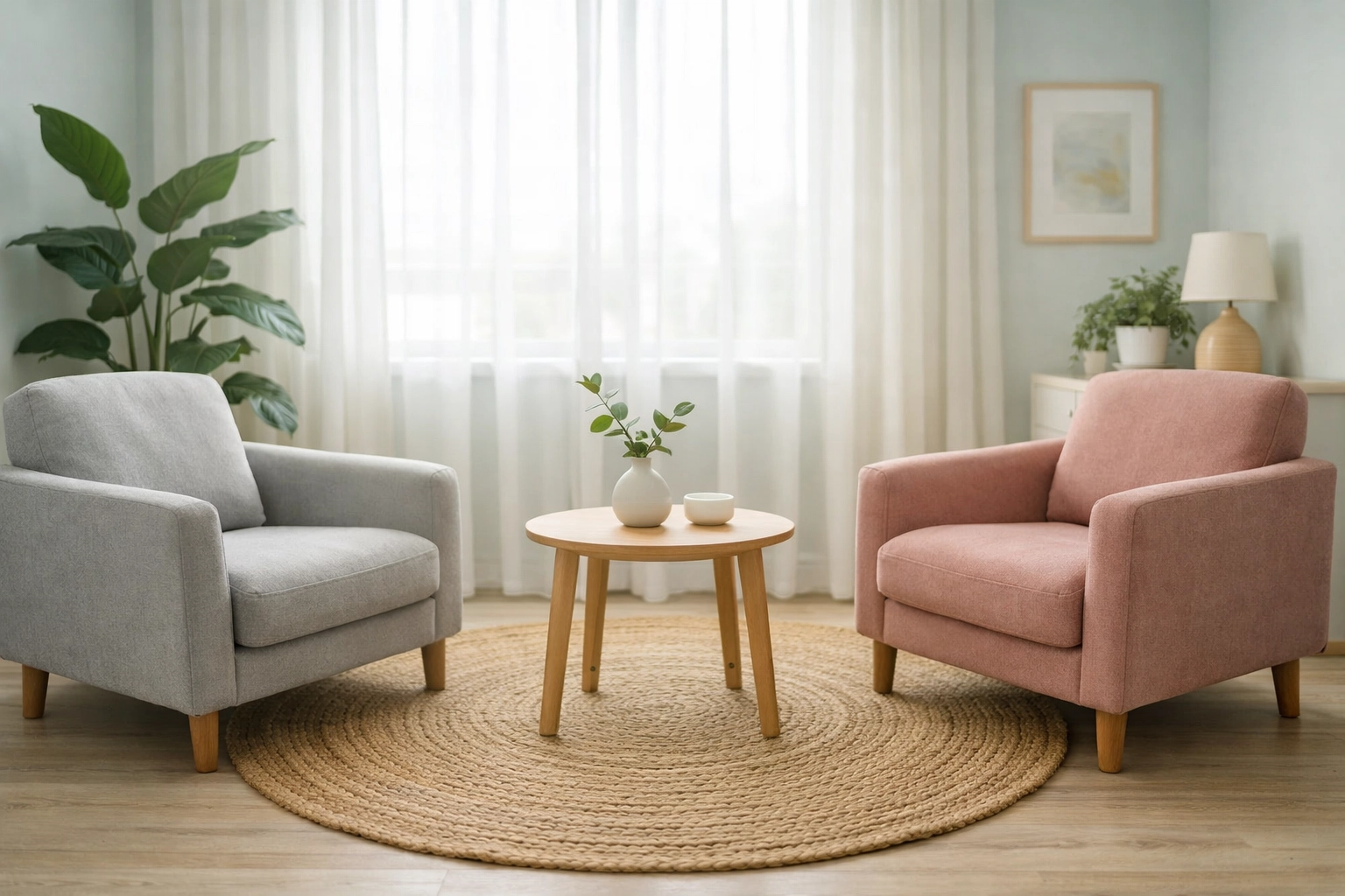 A peaceful and welcoming counseling office interior with modern seating and soft lighting for teen therapy.