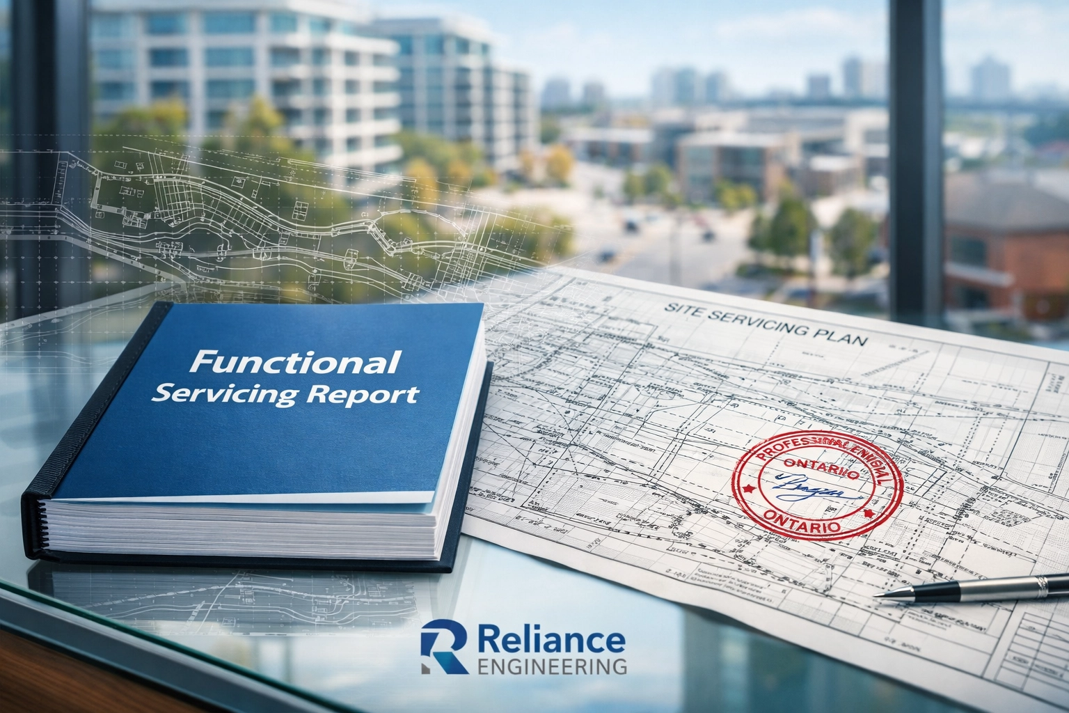 Stamped Functional Servicing Report and site servicing blueprints for an Ontario development project.