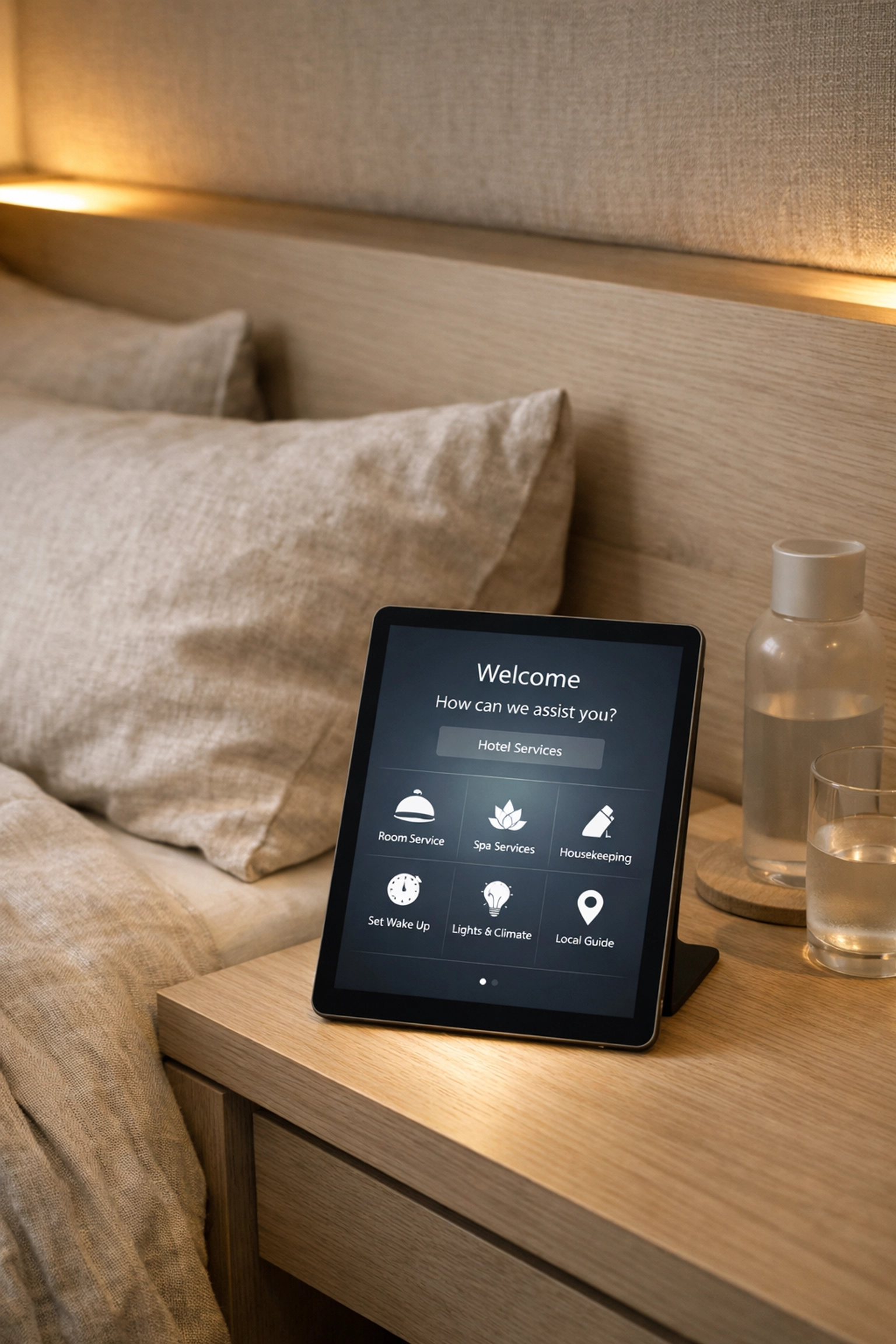 Contemporary hotel room featuring a digital guest service tablet for a seamless stay.