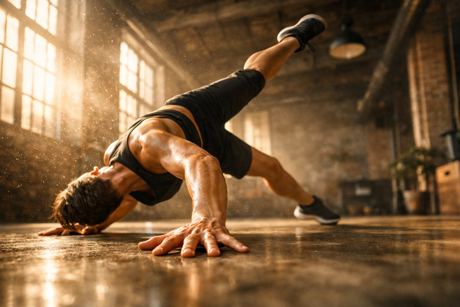 Athlete performing an Animal Flow Scorpion Reach transition to improve brain-body connection.