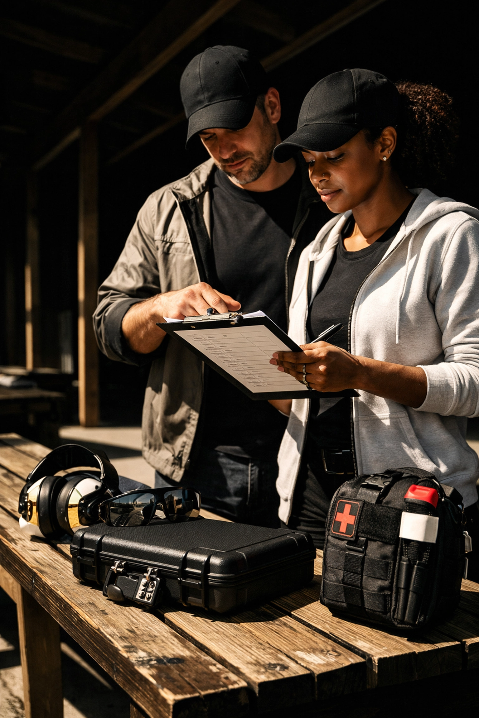 Civilians preparing gear and checklist for the NYS 18-hour concealed carry safety course.
