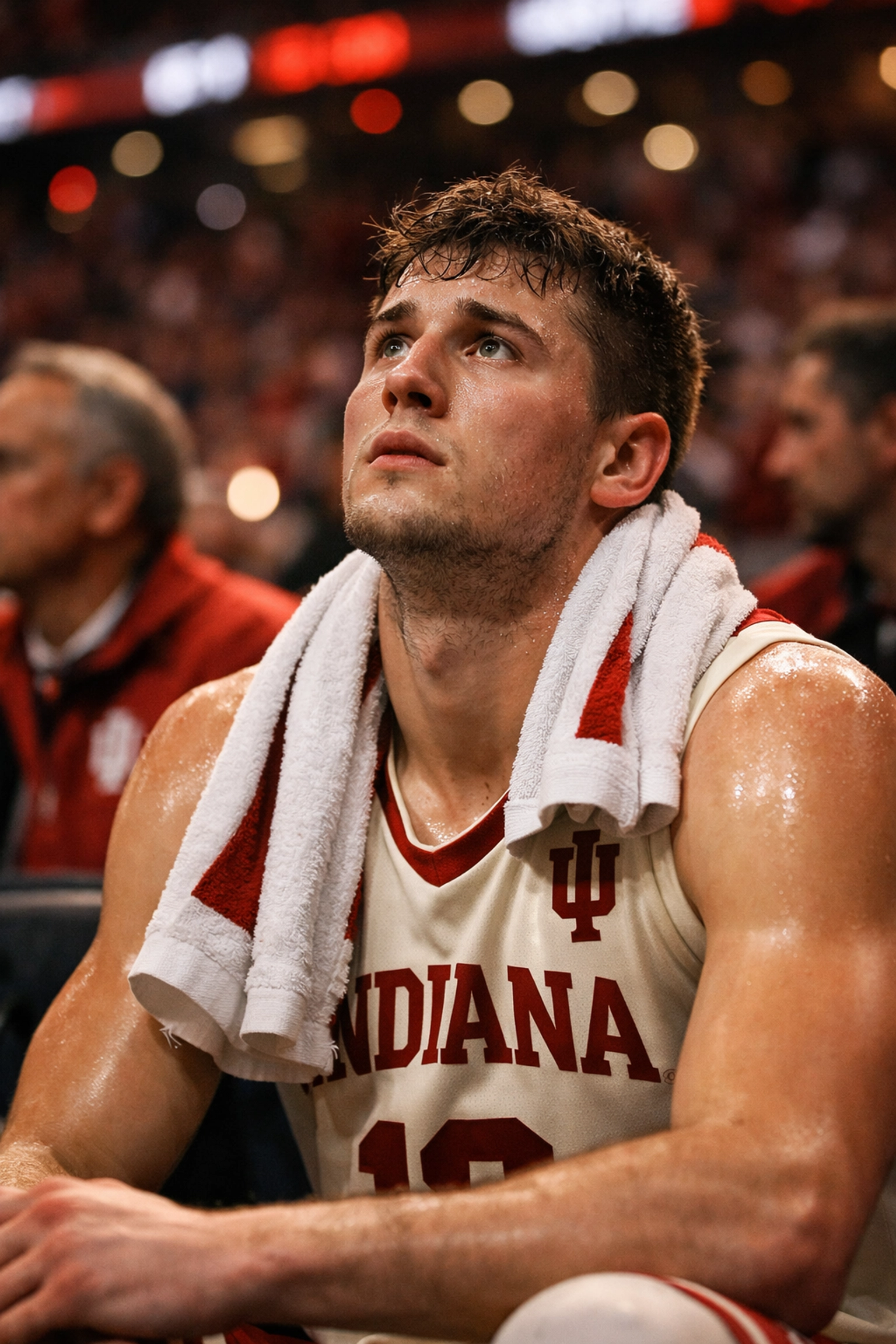 Anxious Indiana Hoosiers player on the bench during a critical 2026 college basketball bubble game.
