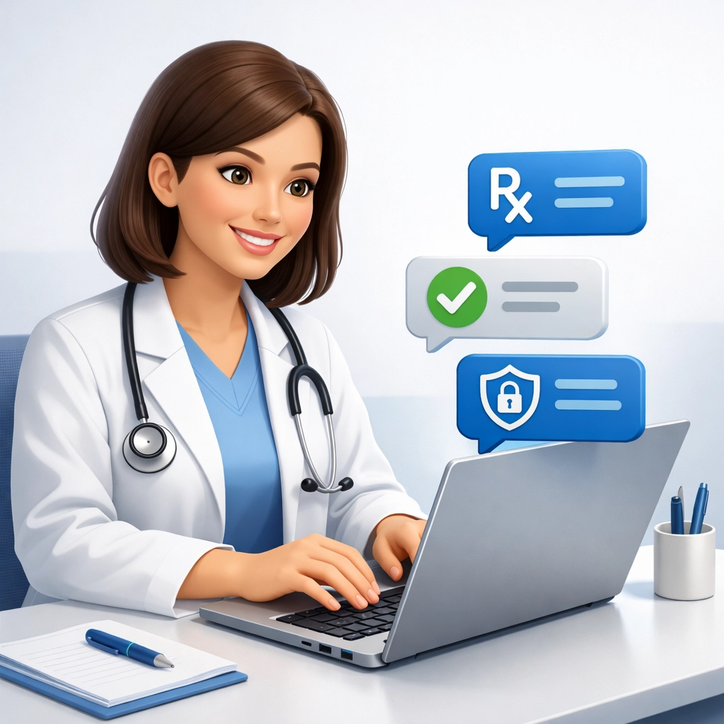 Doctor typing on laptop providing online medical chat for prescription refills