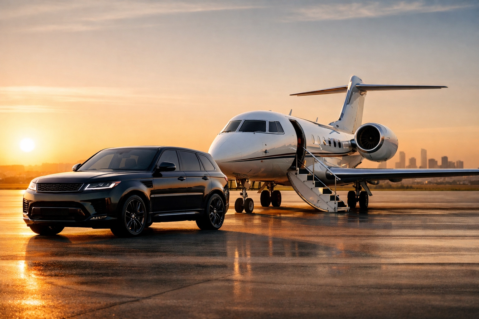Elite logistics featuring a luxury SUV and private jet for seamless Super Bowl executive travel.