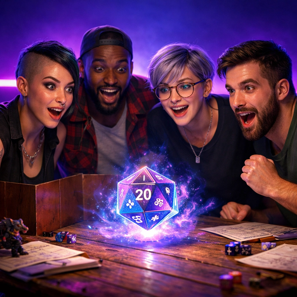 Diverse queer friends enjoying a tabletop RPG night together, finding community through shared geeky hobbies.