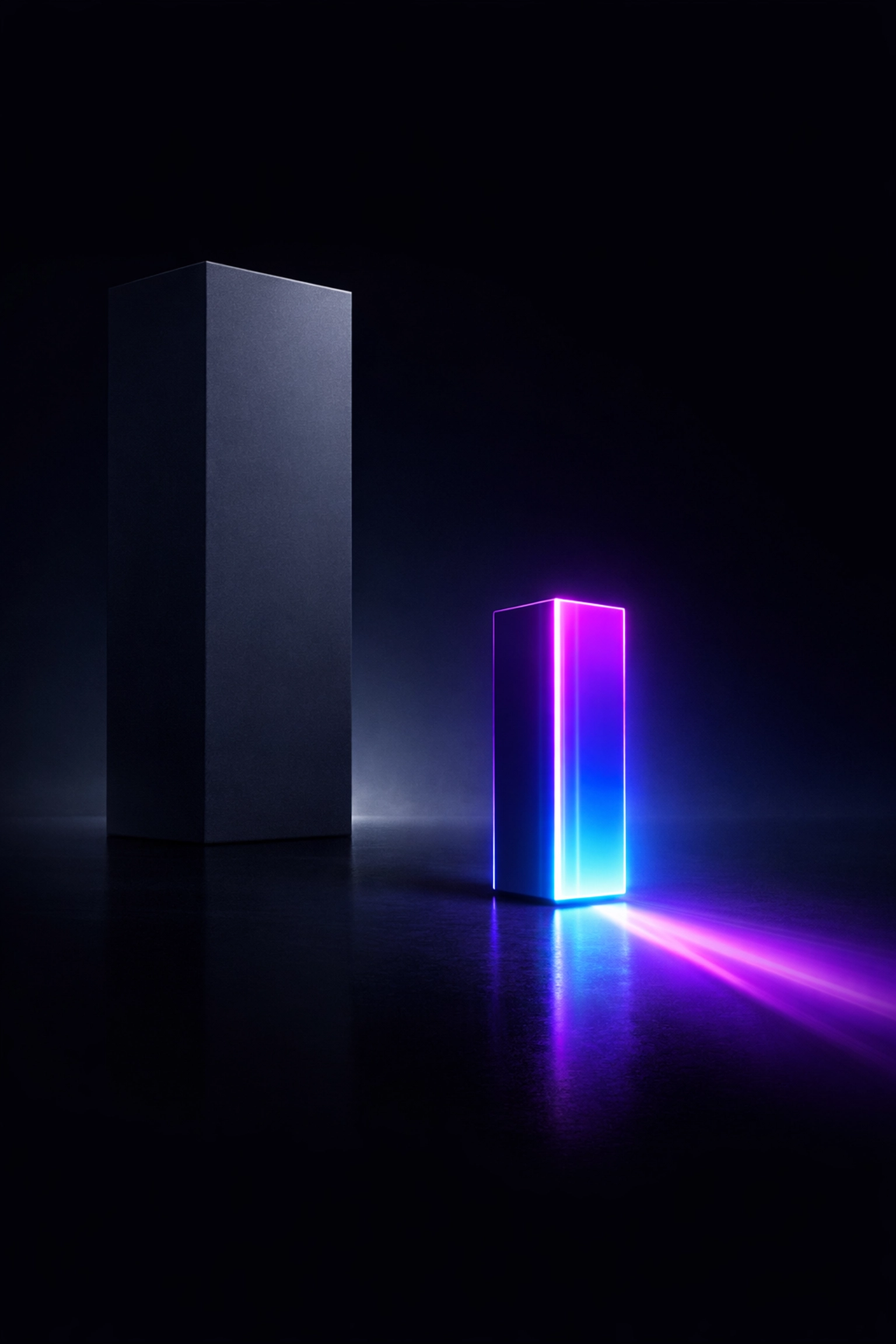 A vibrant glowing pillar outshining a large dull monolith, showing a small business outranking big brands with AI.