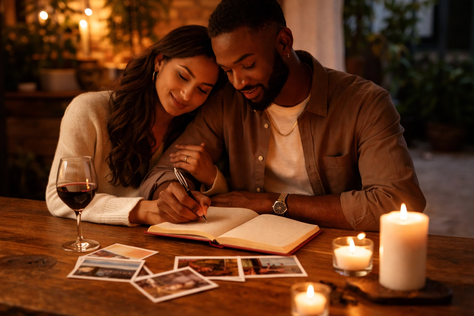 Diverse engaged couple journaling wedding memories by candlelight, personalizing their love story