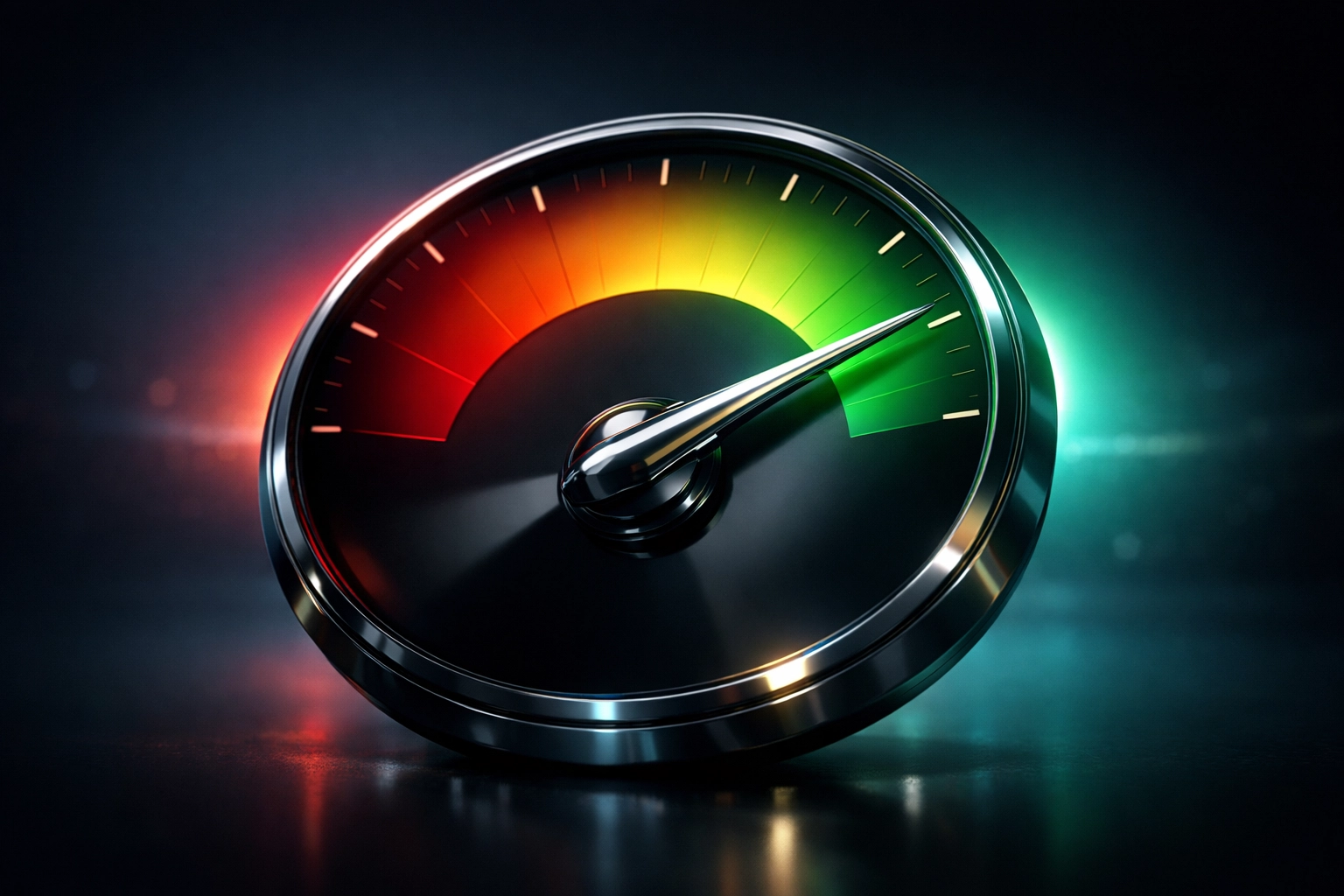 A credit score gauge showing a needle pointing to a green zone representing a good FICO score.
