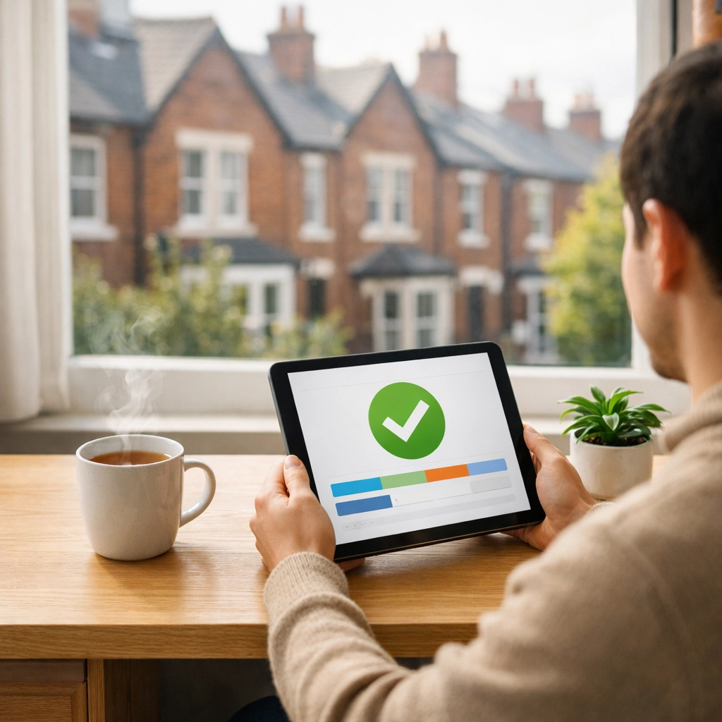 Homebuyer in Oldham checking their credit score on a tablet to prepare for a successful mortgage approval.
