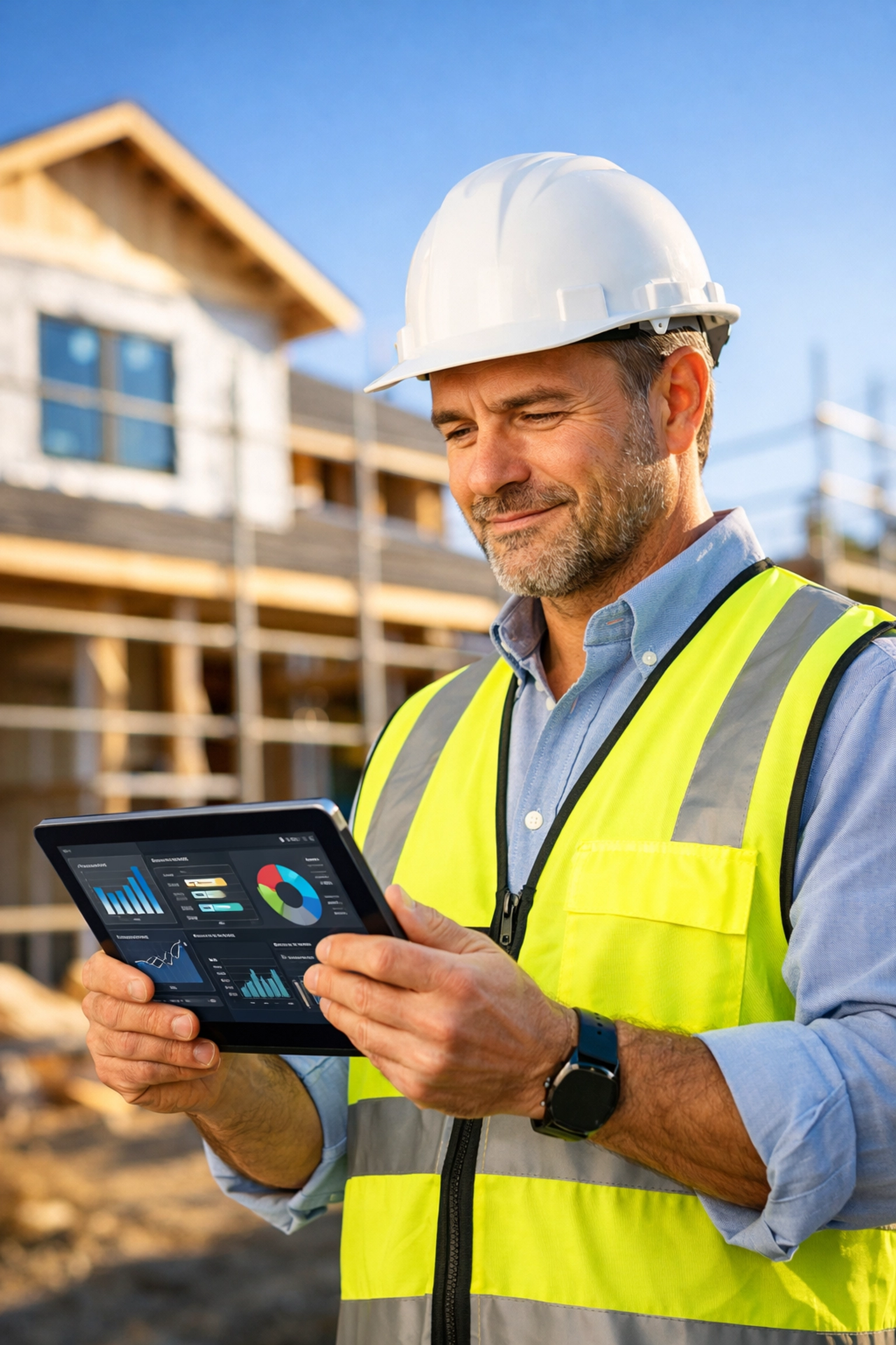 Construction business owner using a digital dashboard to track marketing data and leads on a job site.