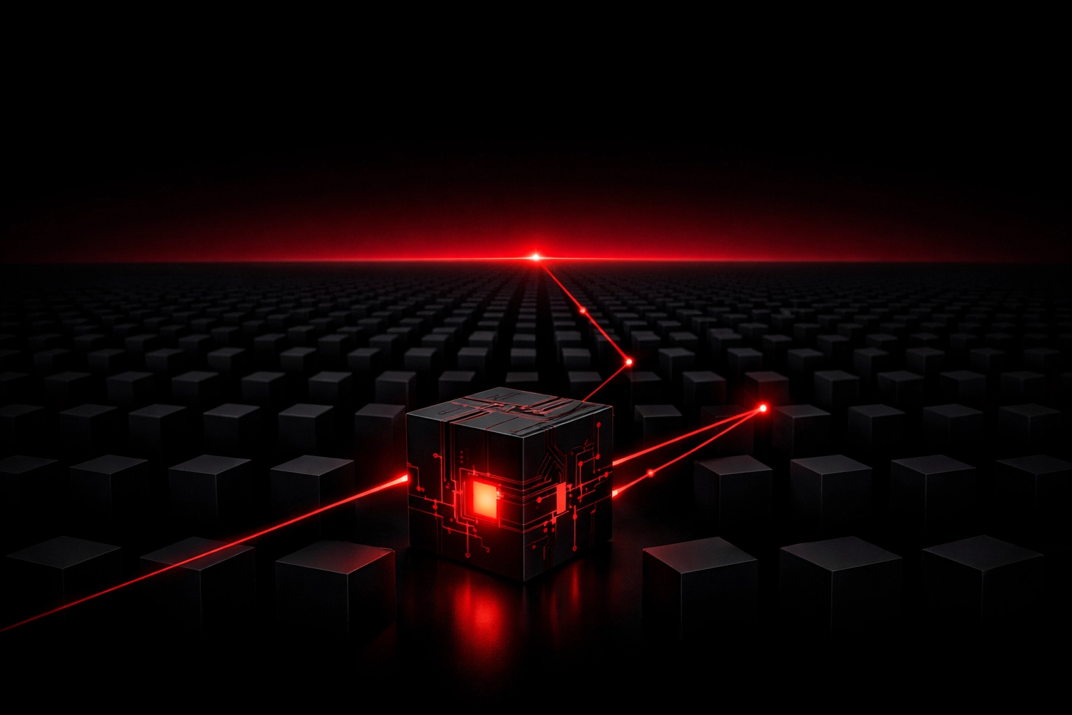 Glowing red cube in a grid representing AI hyper-personalization for individual customer connections.
