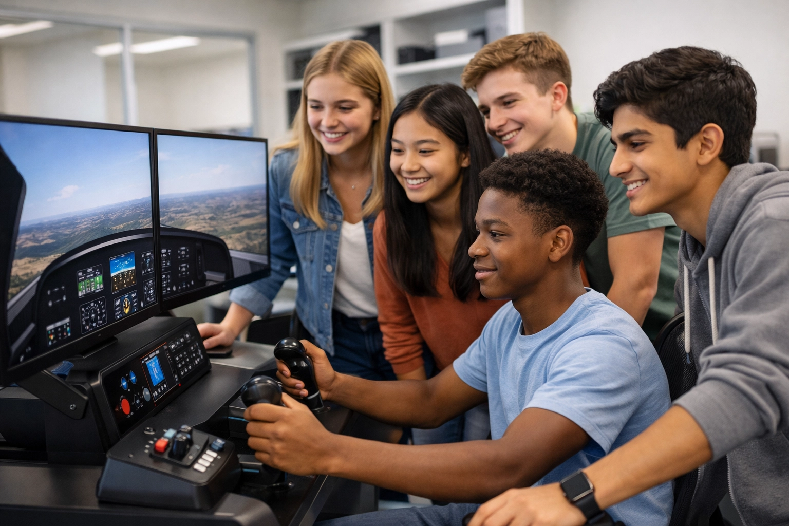 High school students collaborating on a high-tech simulation station for immersive educational training.
