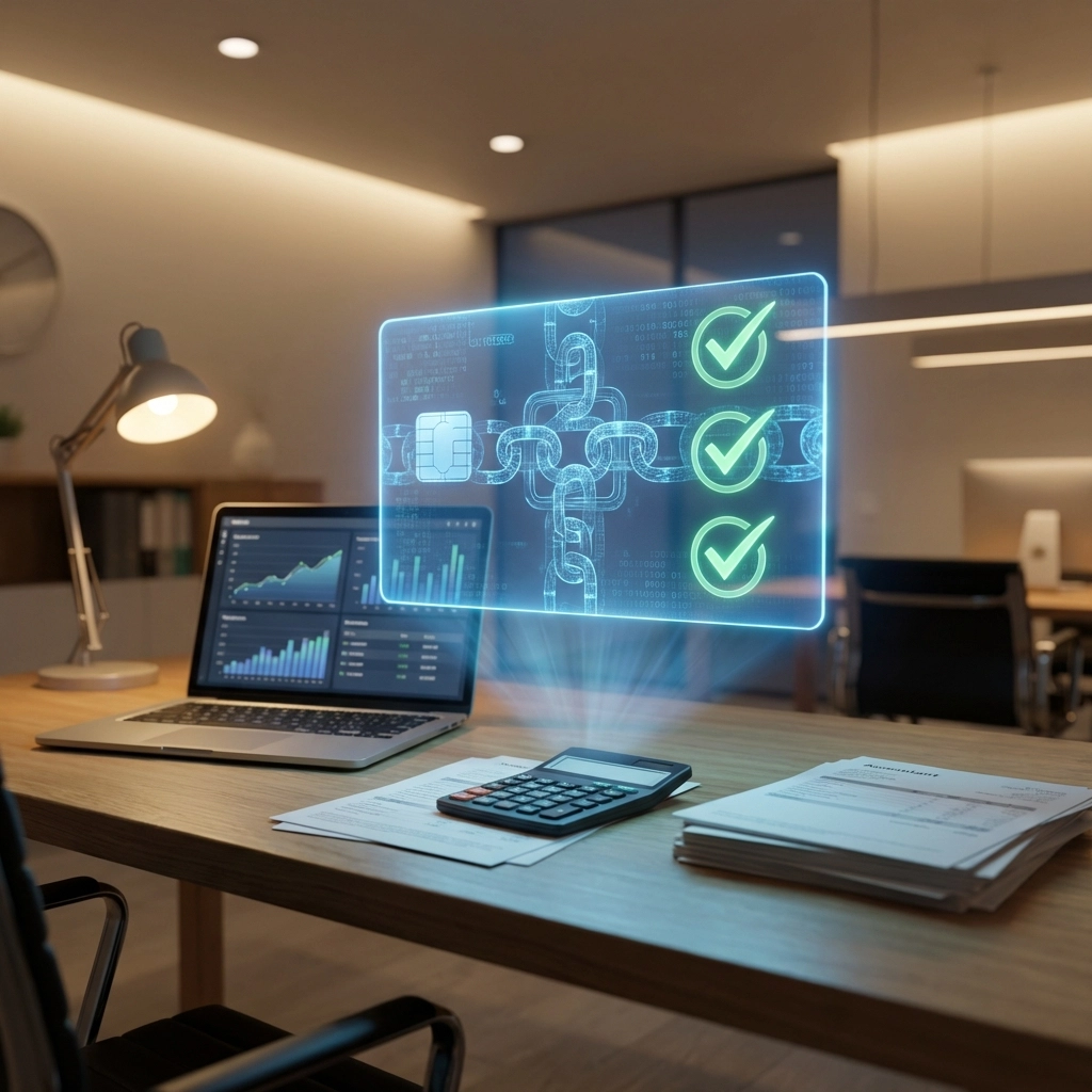 Glowing NFT receipt illustrates transparent, blockchain-based accounting for crypto payments on an accountant's desk