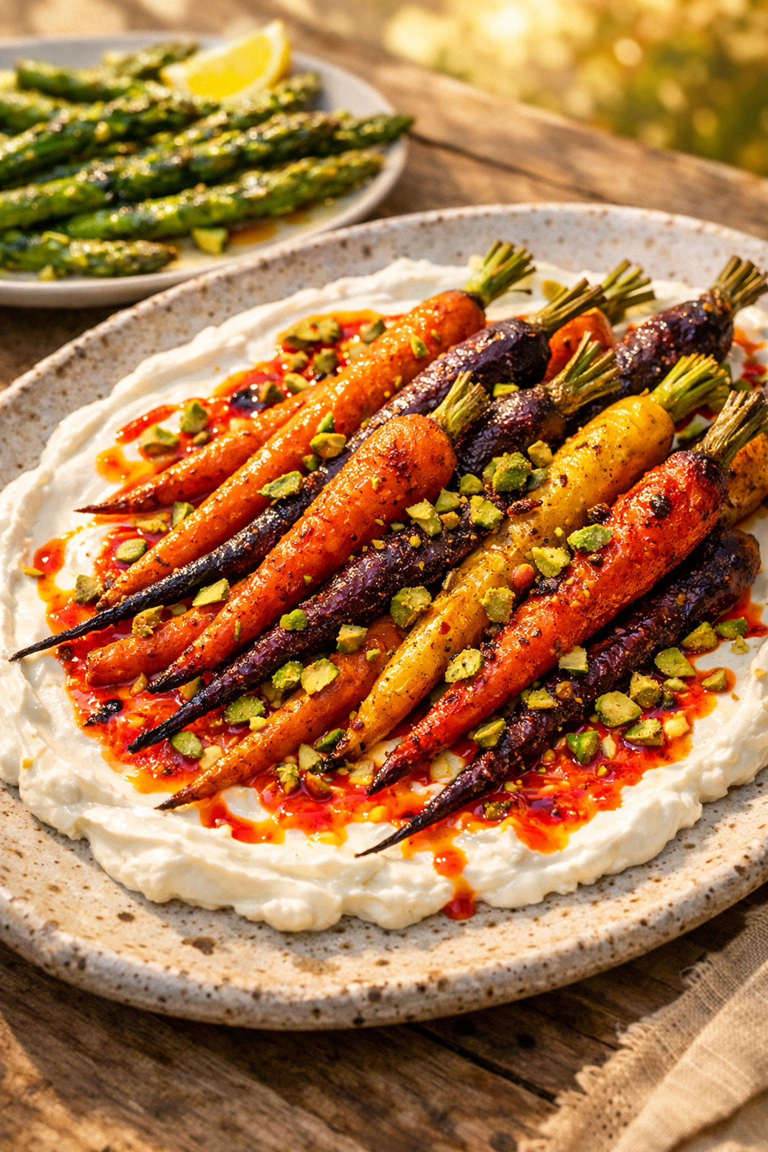 Vibrant roasted heirloom carrots served with harissa yogurt and pistachios on a ceramic platter.
