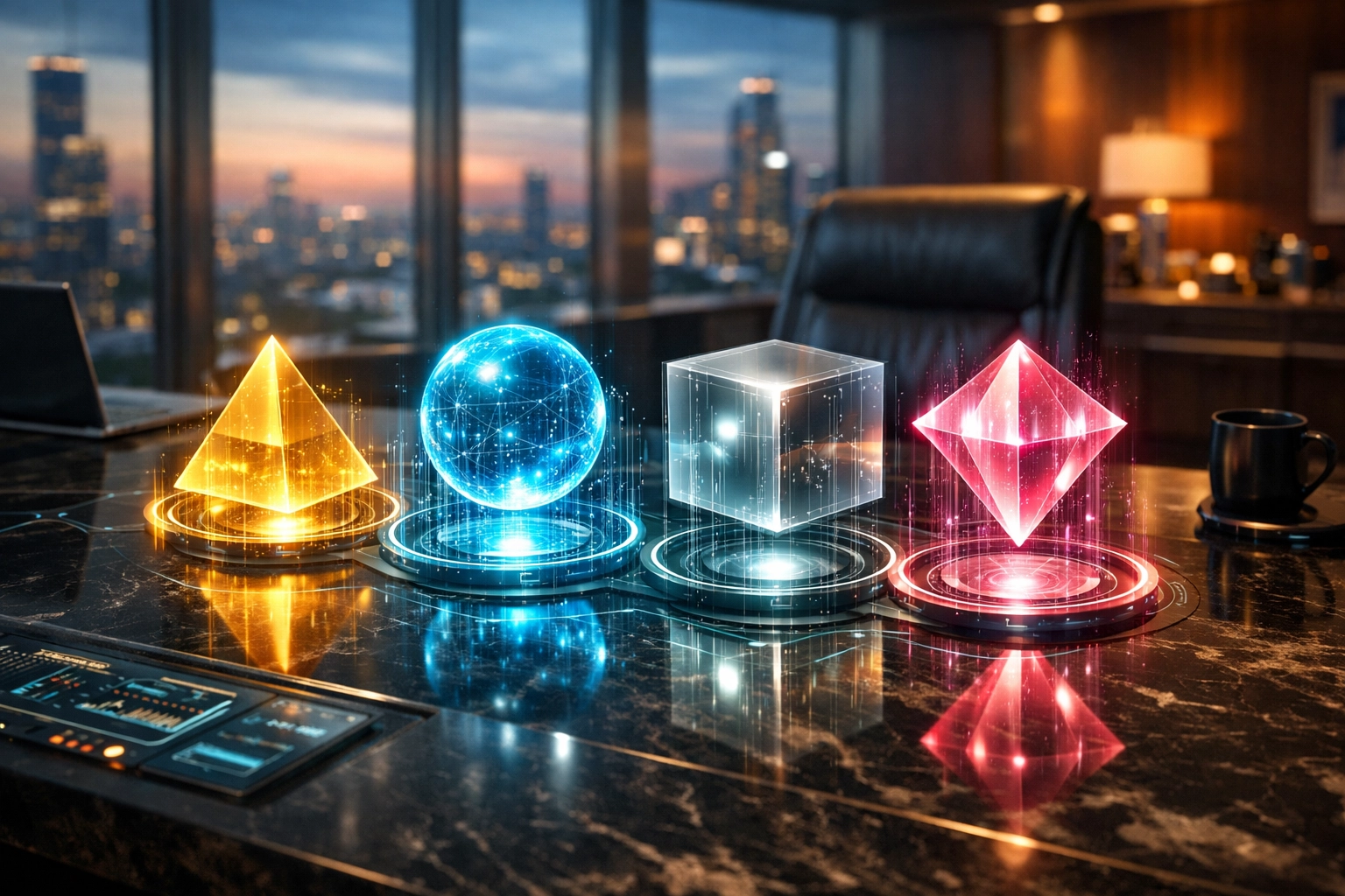 Comparison of four top AI helpdesk software platforms visualized as a futuristic business interface.