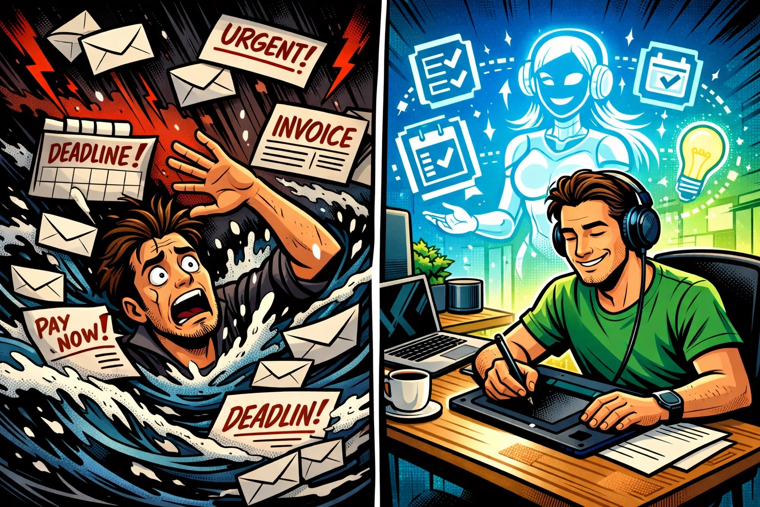 Overwhelmed solopreneur with emails versus organized workspace using AI assistant for small business