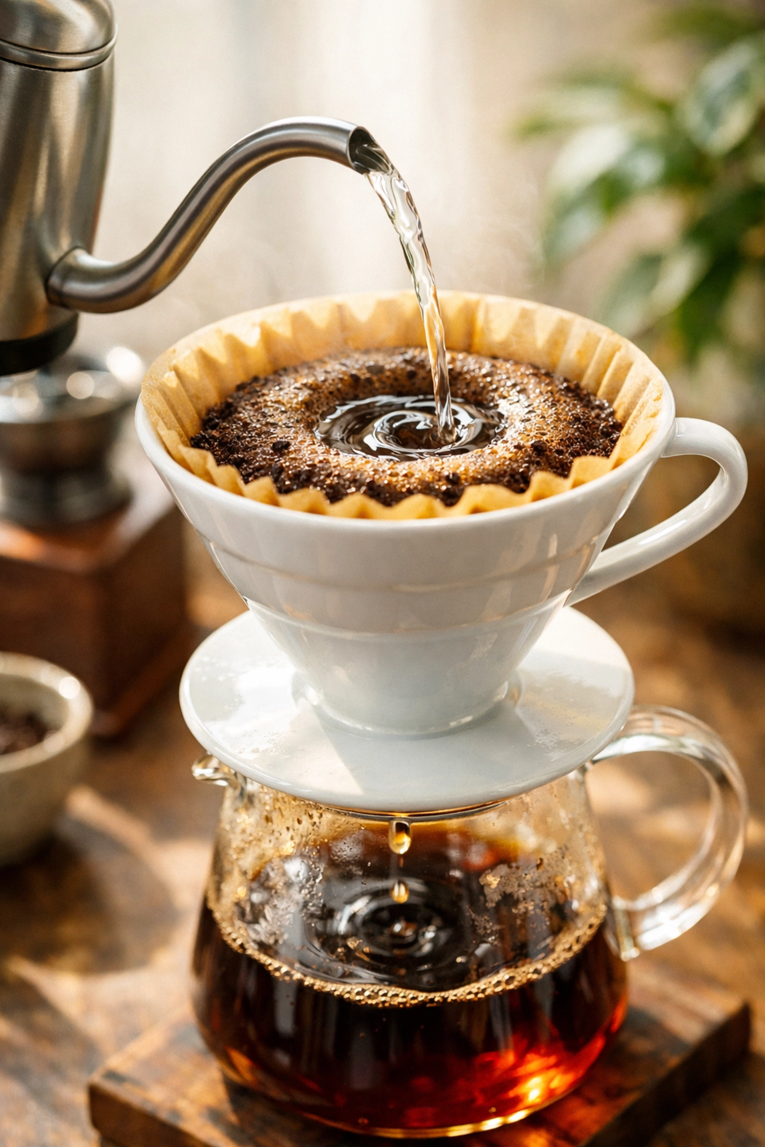 V60 pour-over coffee brewing with gooseneck kettle demonstrating precise pouring technique