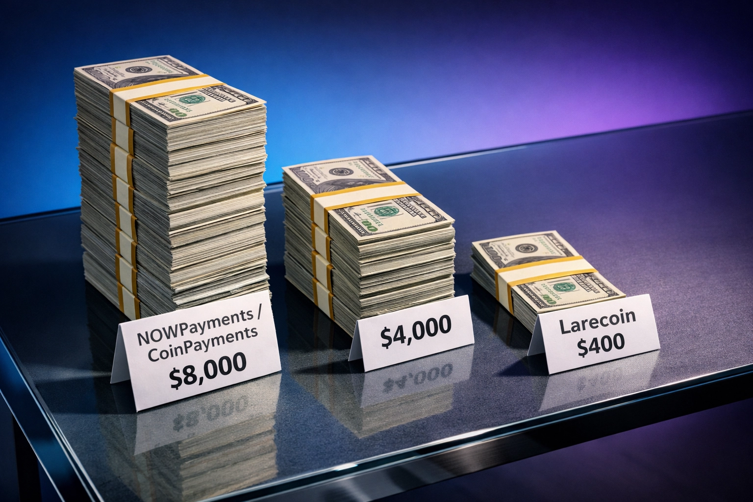 Crypto POS fee comparison showing Larecoin's 80-95% cost savings vs NOWPayments and CoinPayments